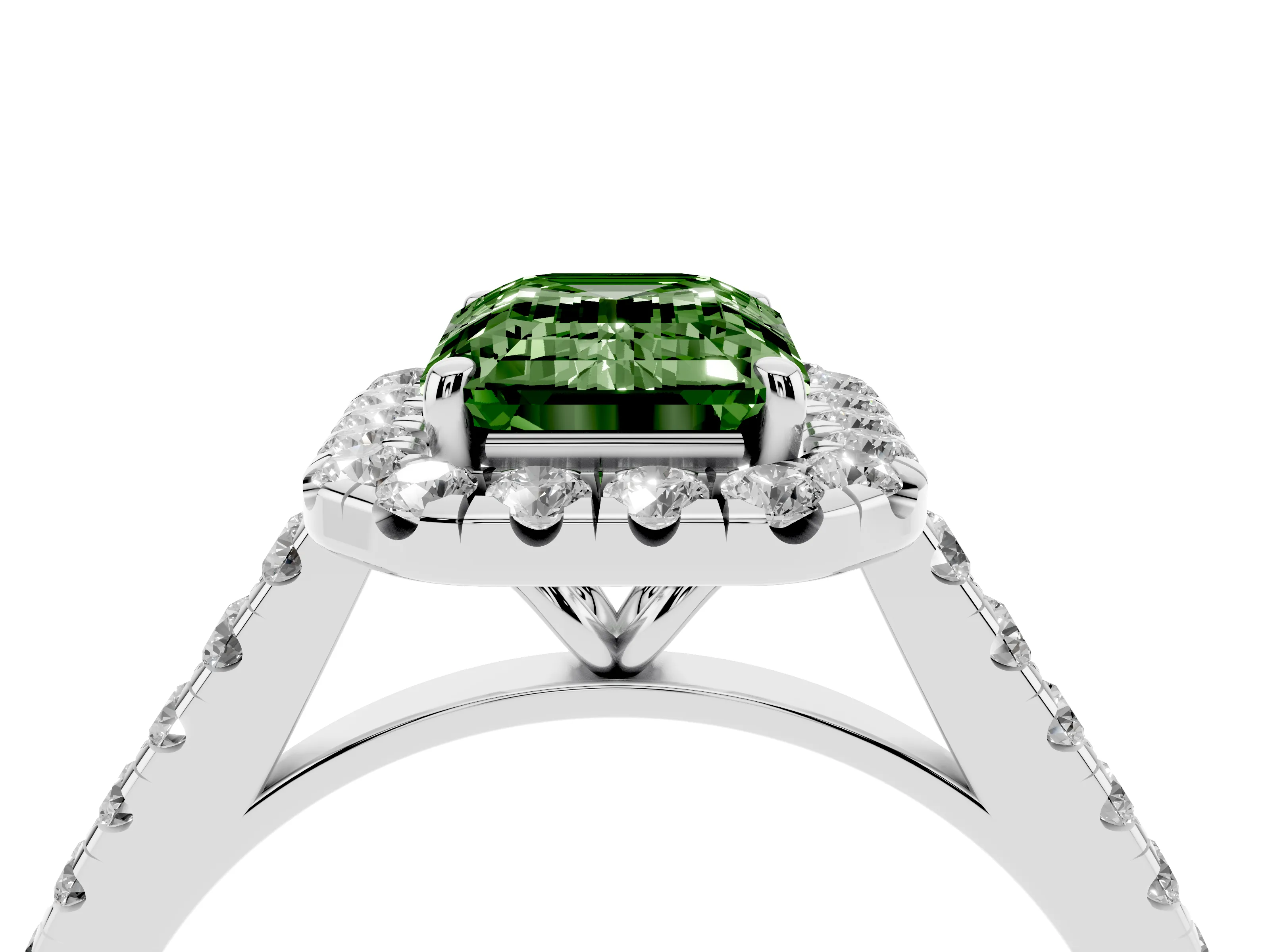 Fancy Green Emerald Cut Diamond Halo Pavé Engagement Ring Set in White gold with Prong Setting