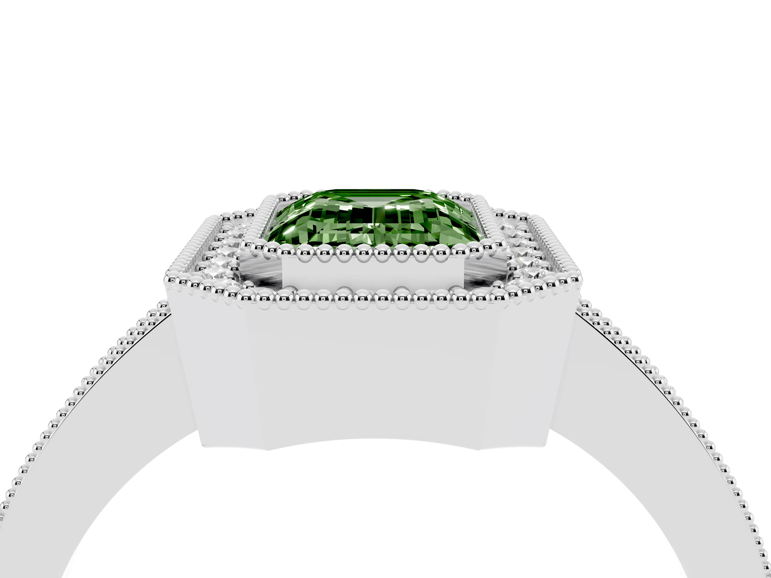Fancy Green Emerald Cut Diamond Halo Engagement Ring Set in White gold with Pavé Band and Round Halo Stones