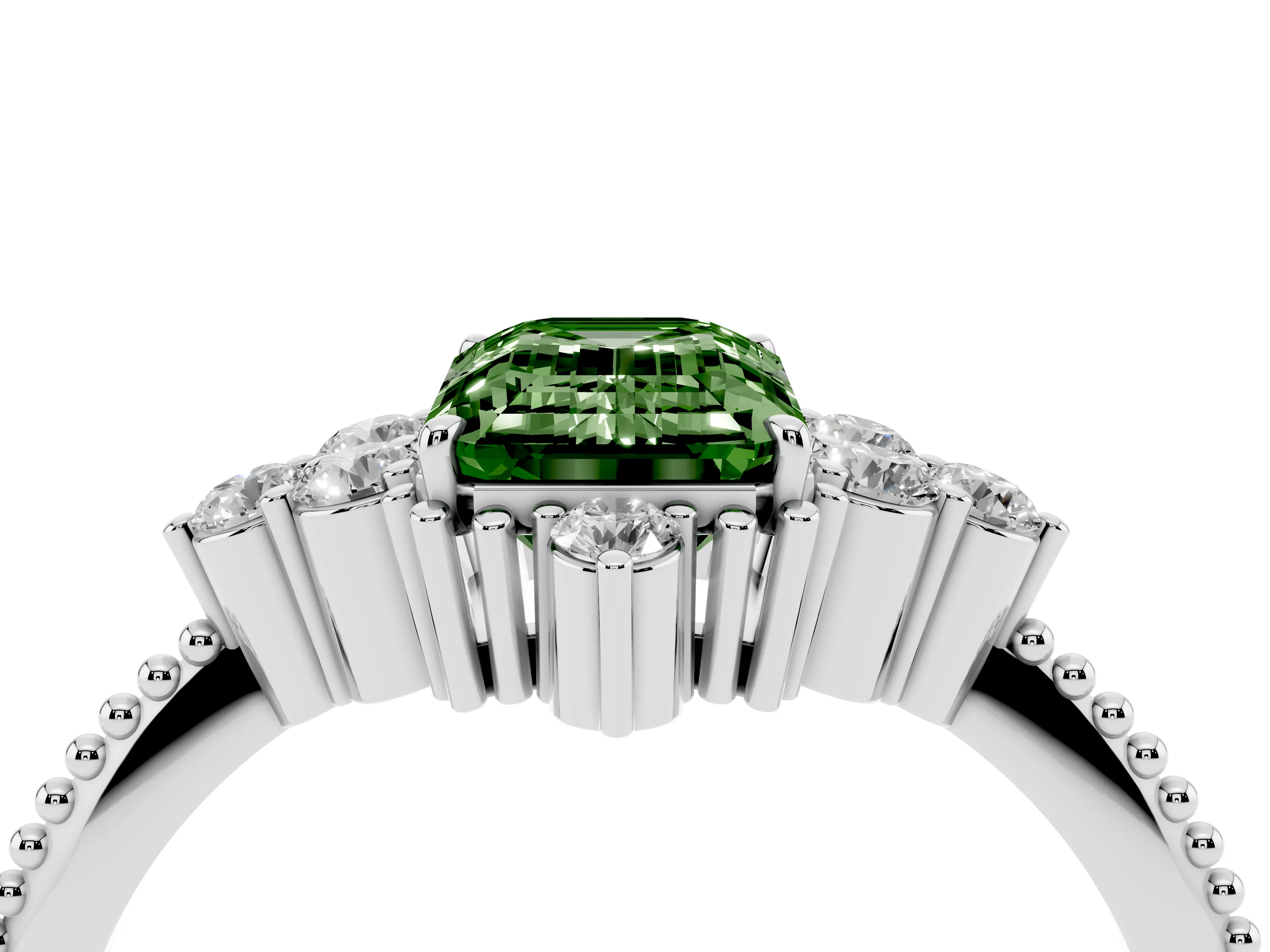Fancy Green Emerald Cut Diamond Cluster Ring Set in Silver with Beaded Band