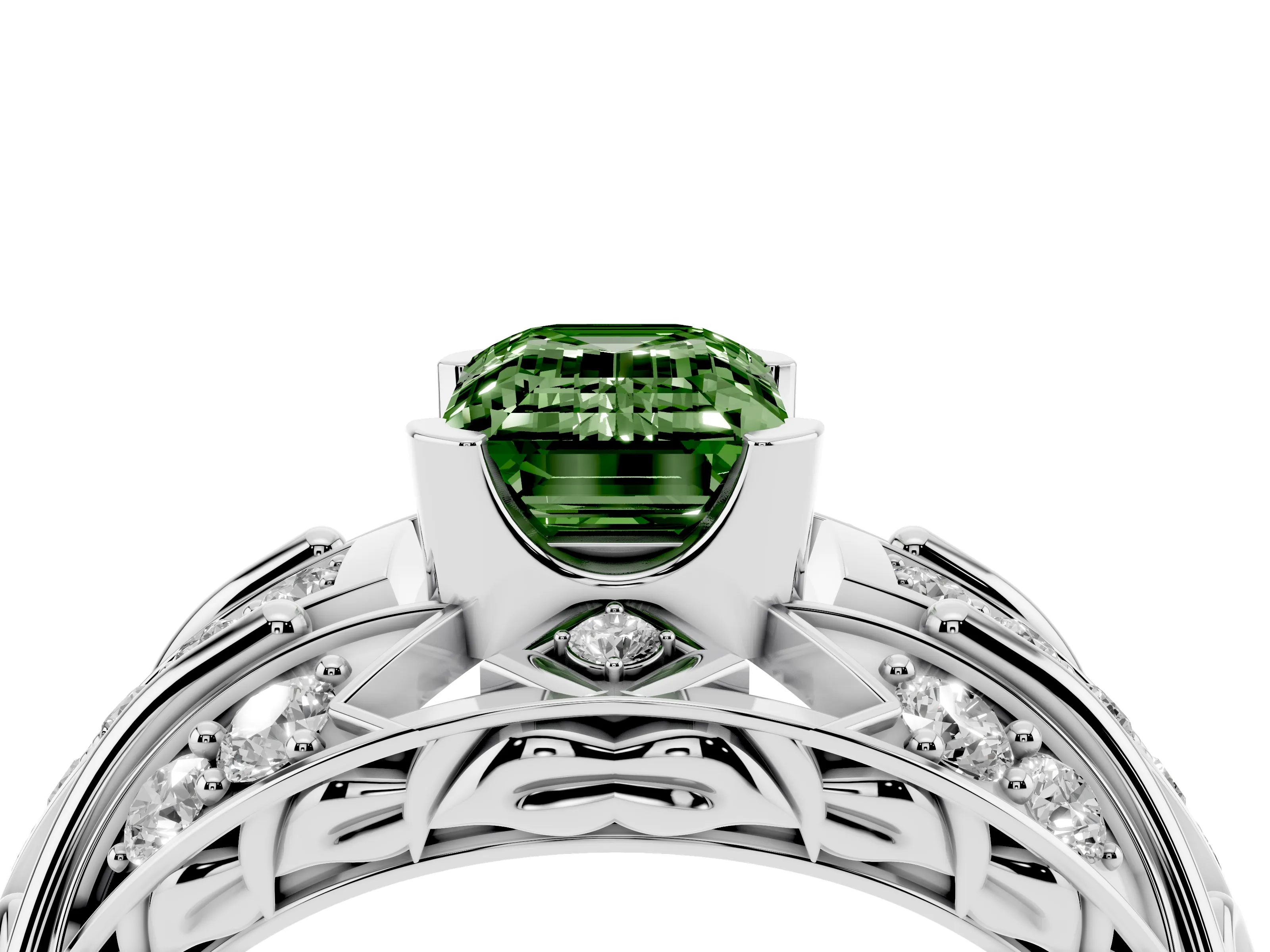 Fancy Green Emerald Cut Diamond Art Deco Ring Set in Platinum with Pavé Split Shank