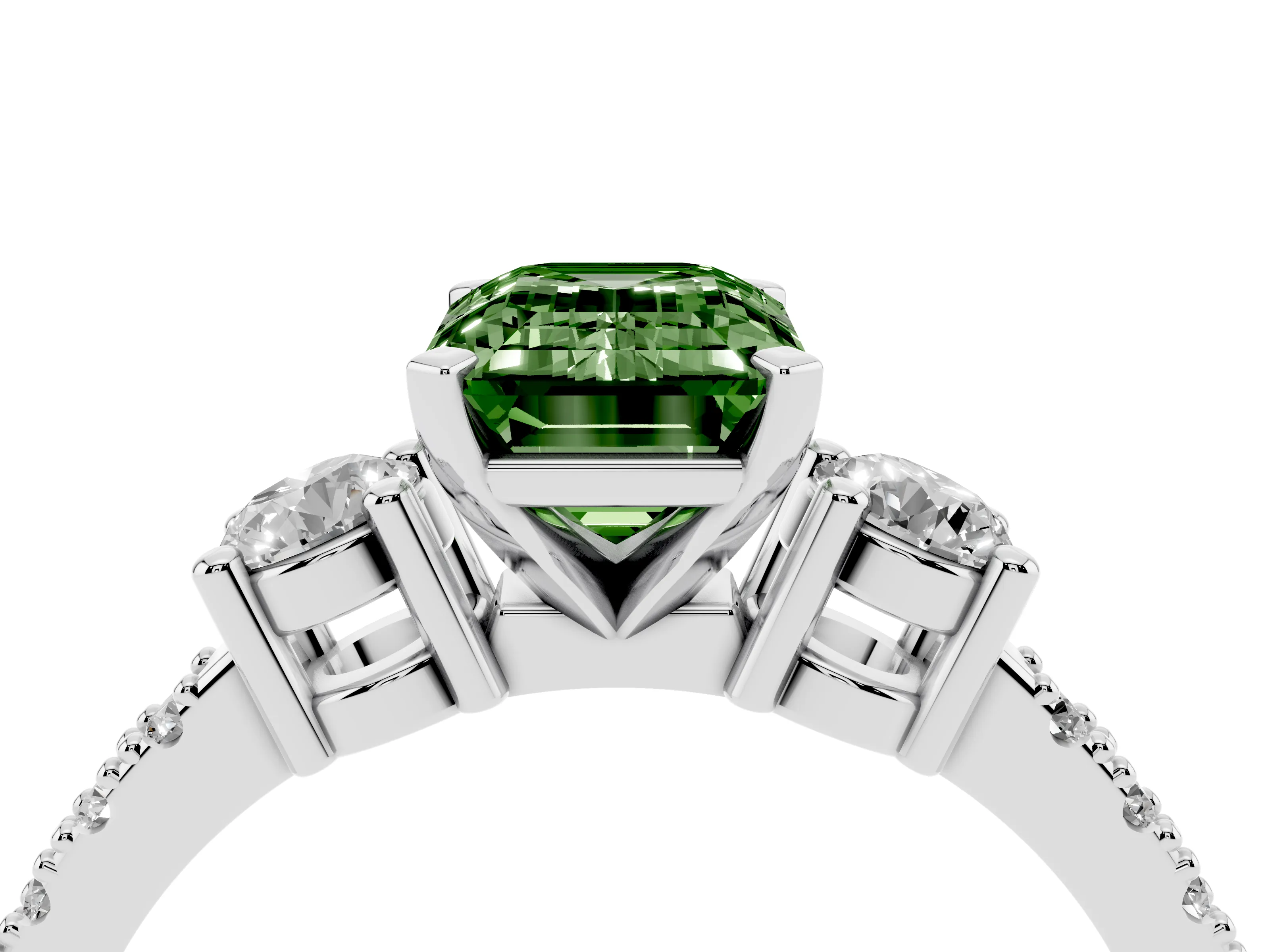 Fancy Green Three-Stone Emerald Cut Diamond Pavé Band Ring Set in White gold with Prong Setting