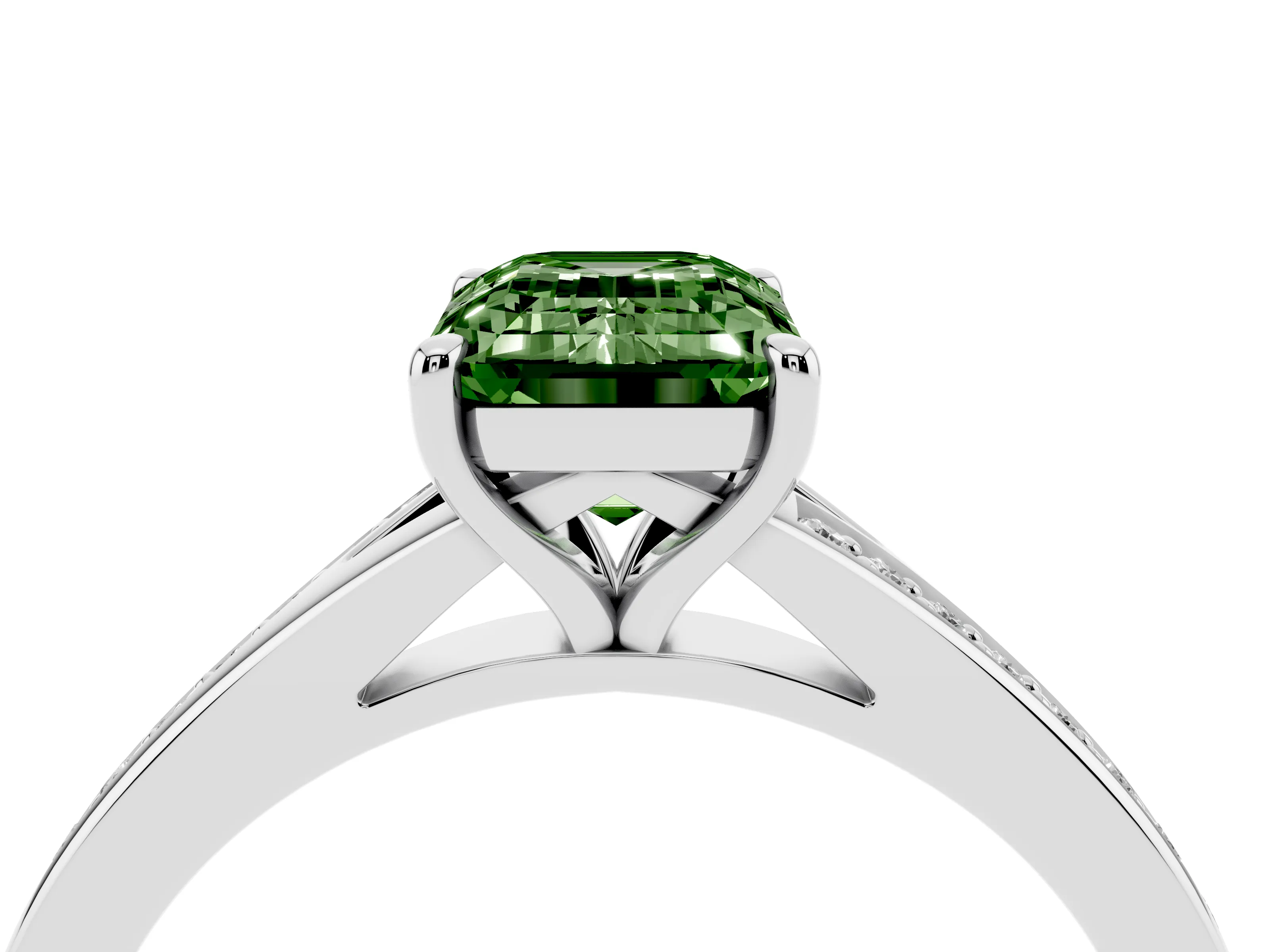 Fancy Green Emerald Cut Diamond Solitaire Ring Set in Silver with Pavé Accent Band and Classic Prong Setting