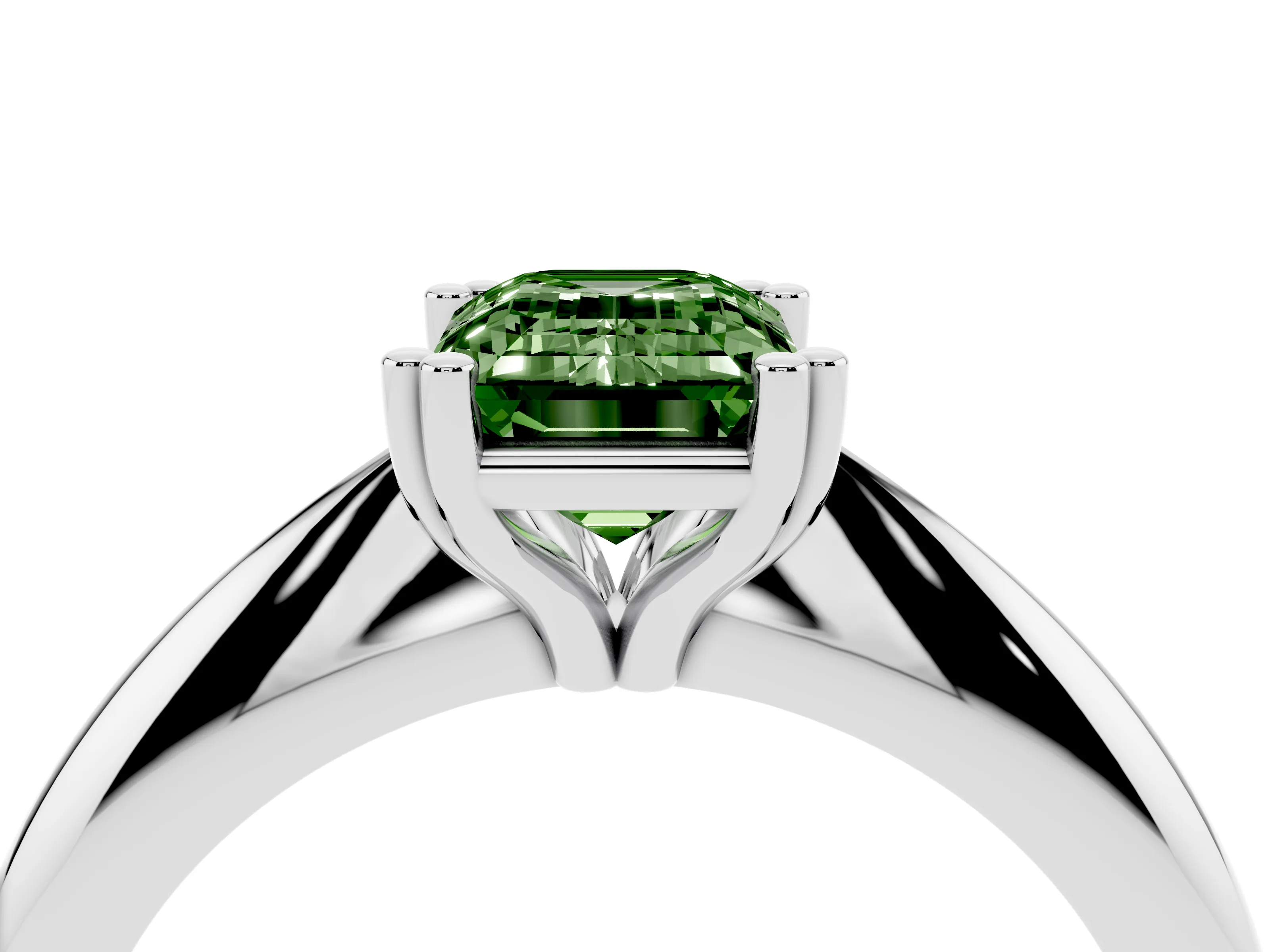 Fancy Green Emerald Cut Diamond Solitaire Engagement Ring Set in Silver with Tapered Band and Prong Setting