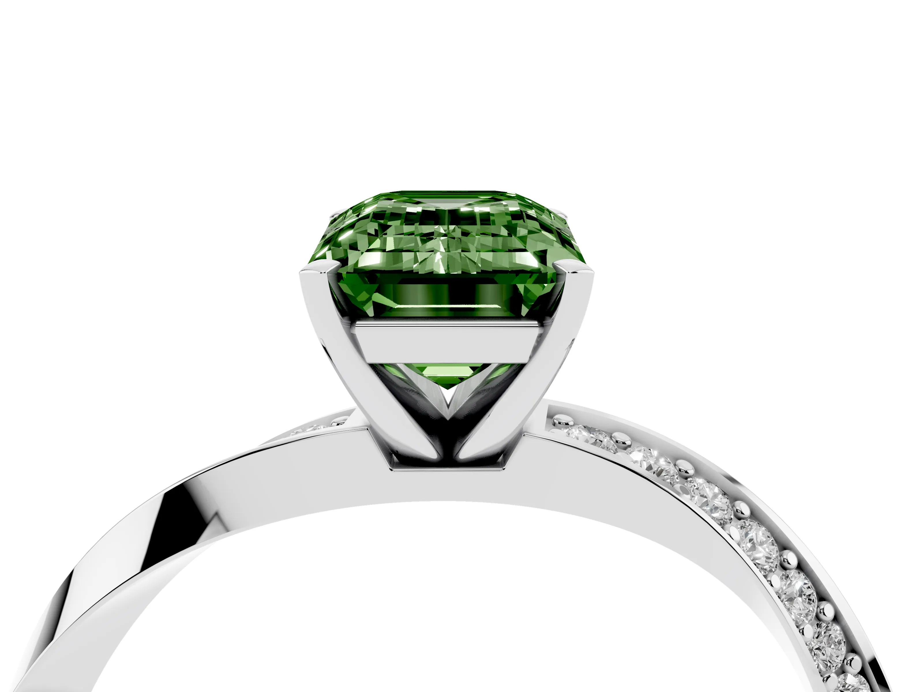 Fancy Green Emerald Cut Diamond Engagement Ring Set in White gold with Side Stone Accents and Prong Setting