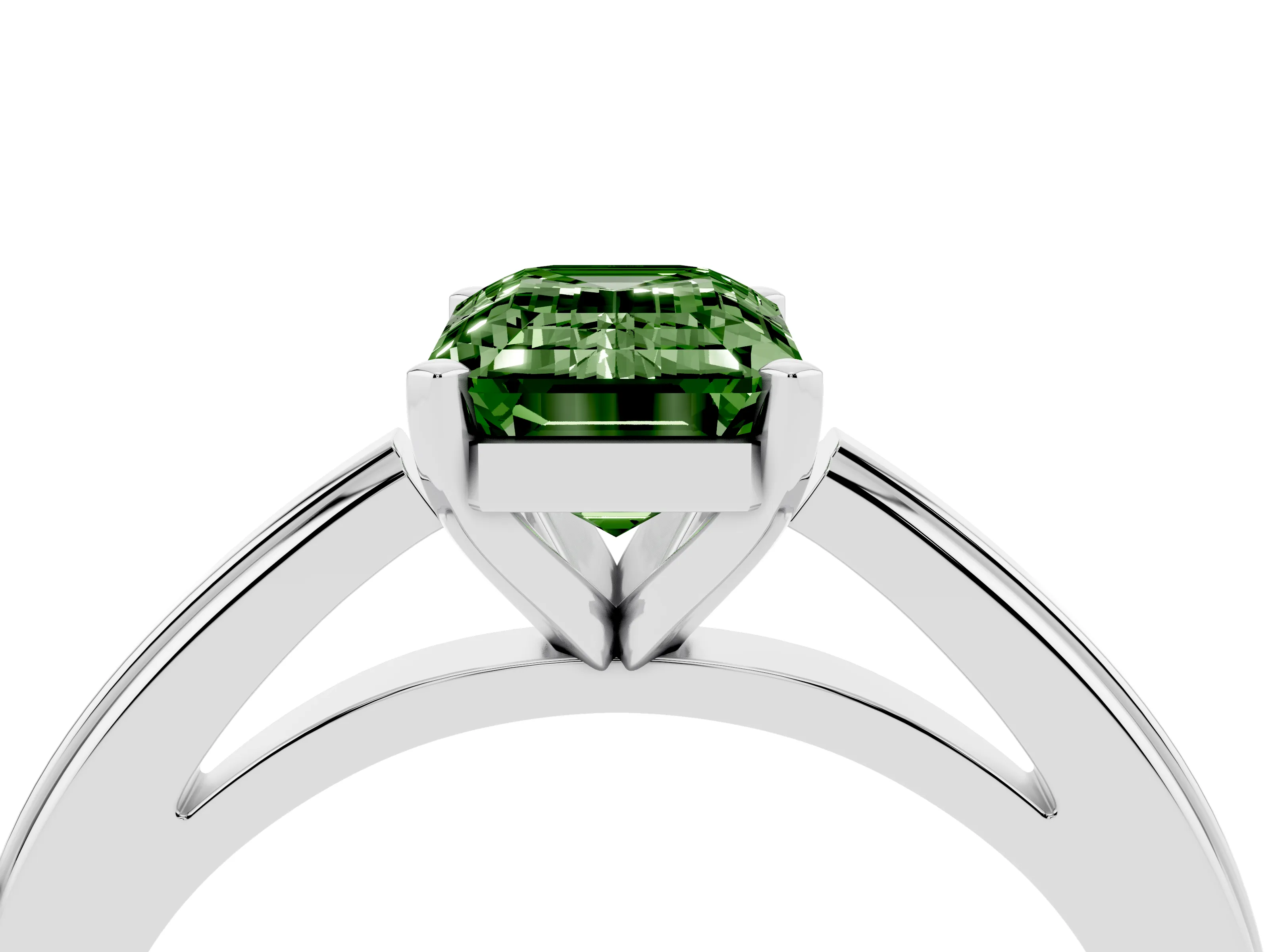 Fancy Green Emerald Cut Diamond Solitaire Ring Set in Platinum with Prong Setting and Classic Band