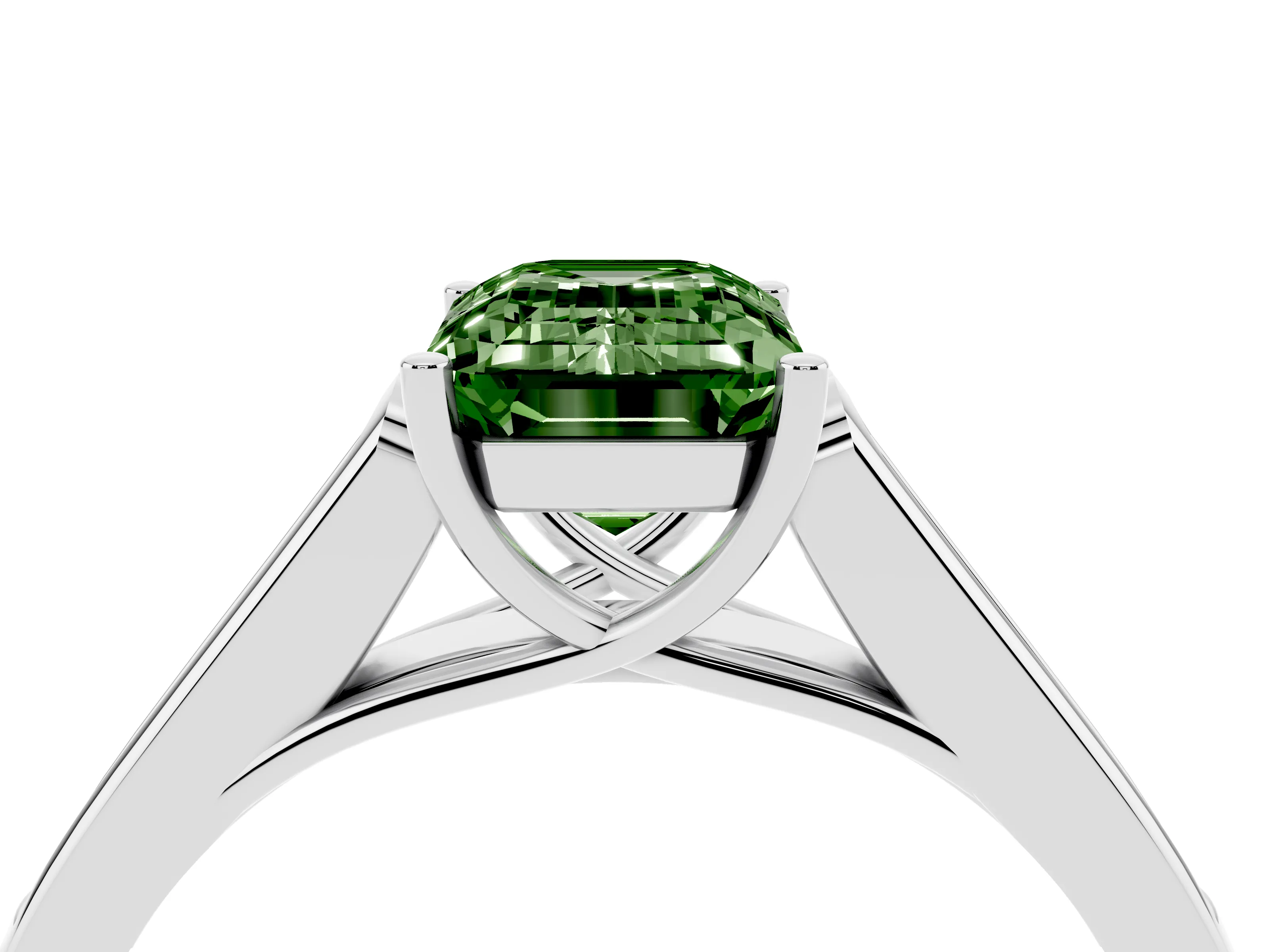 Fancy Green Emerald Cut Diamond Solitaire Cathedral Engagement Ring Set in White gold with Channel-Set Band and Prong Setting