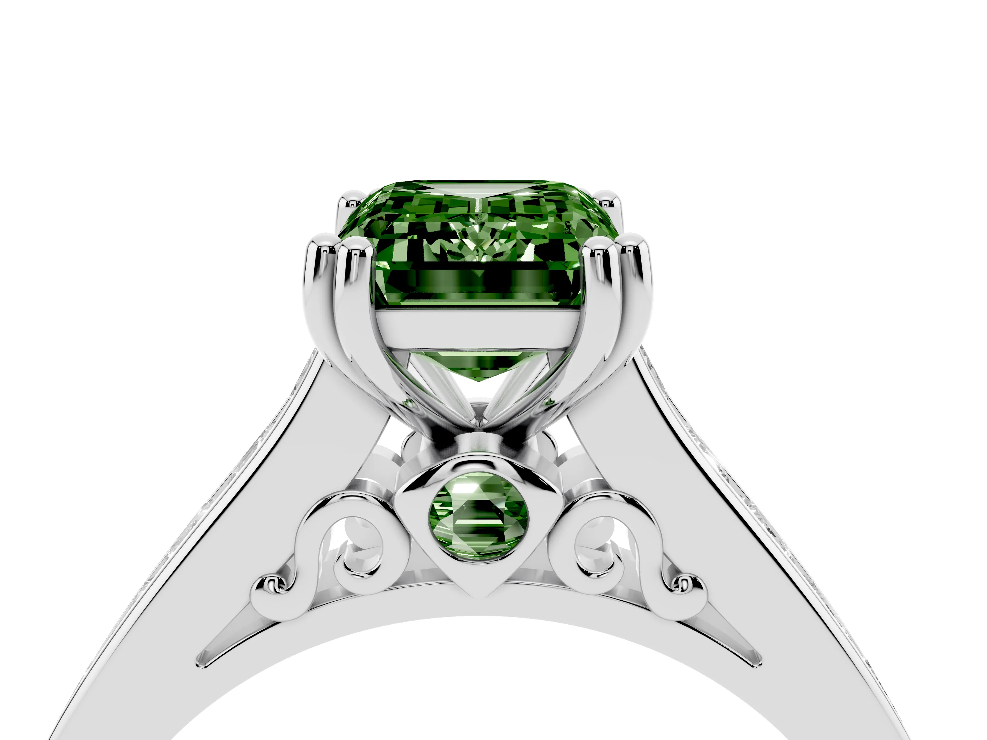 Fancy Green Emerald Cut Diamond Channel Set Solitaire Engagement Ring Set in Platinum with Prong Setting