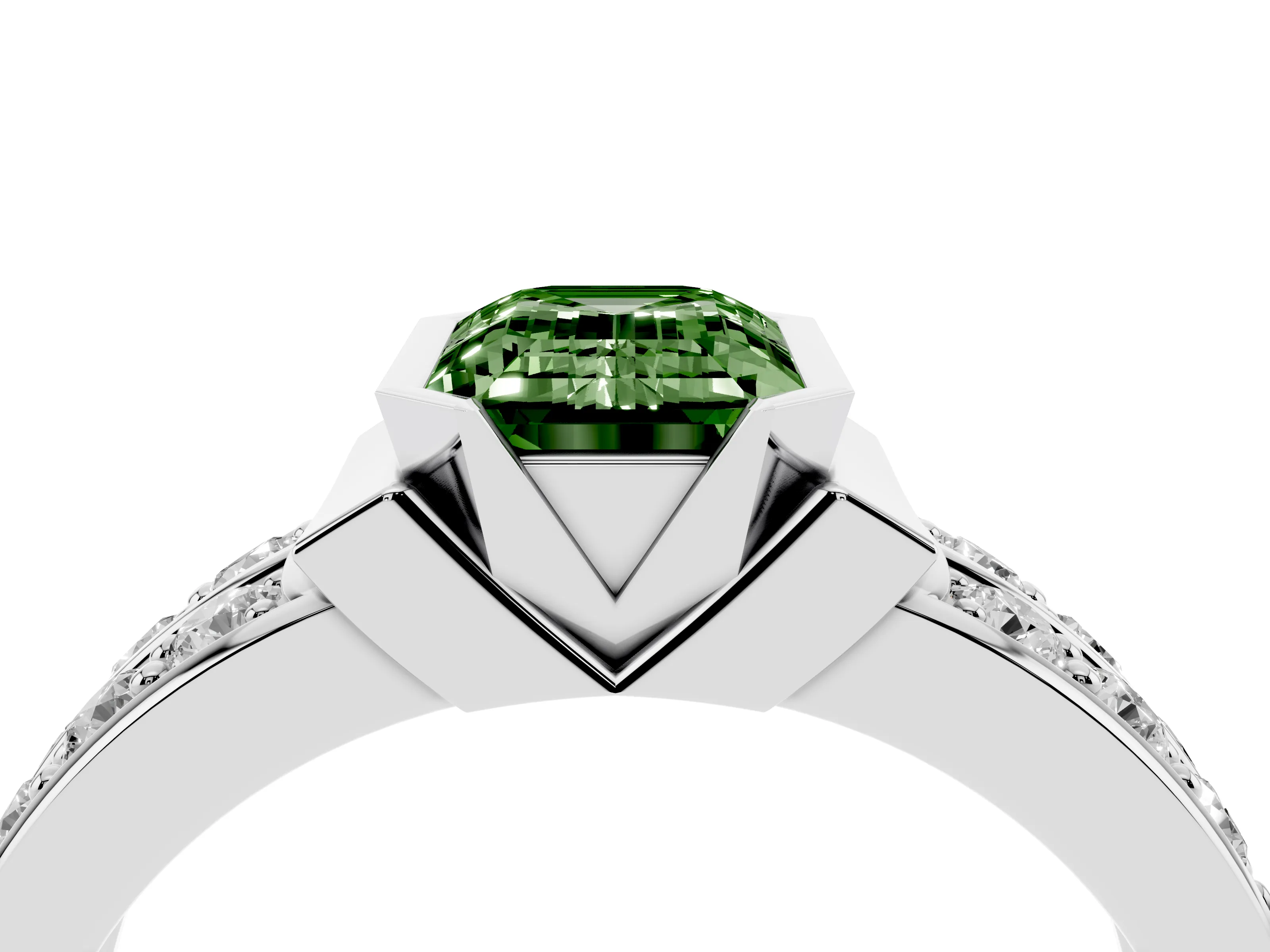 Fancy Green Emerald Cut Diamond Wide Channel Set Band Ring Set in Silver with Bezel Setting