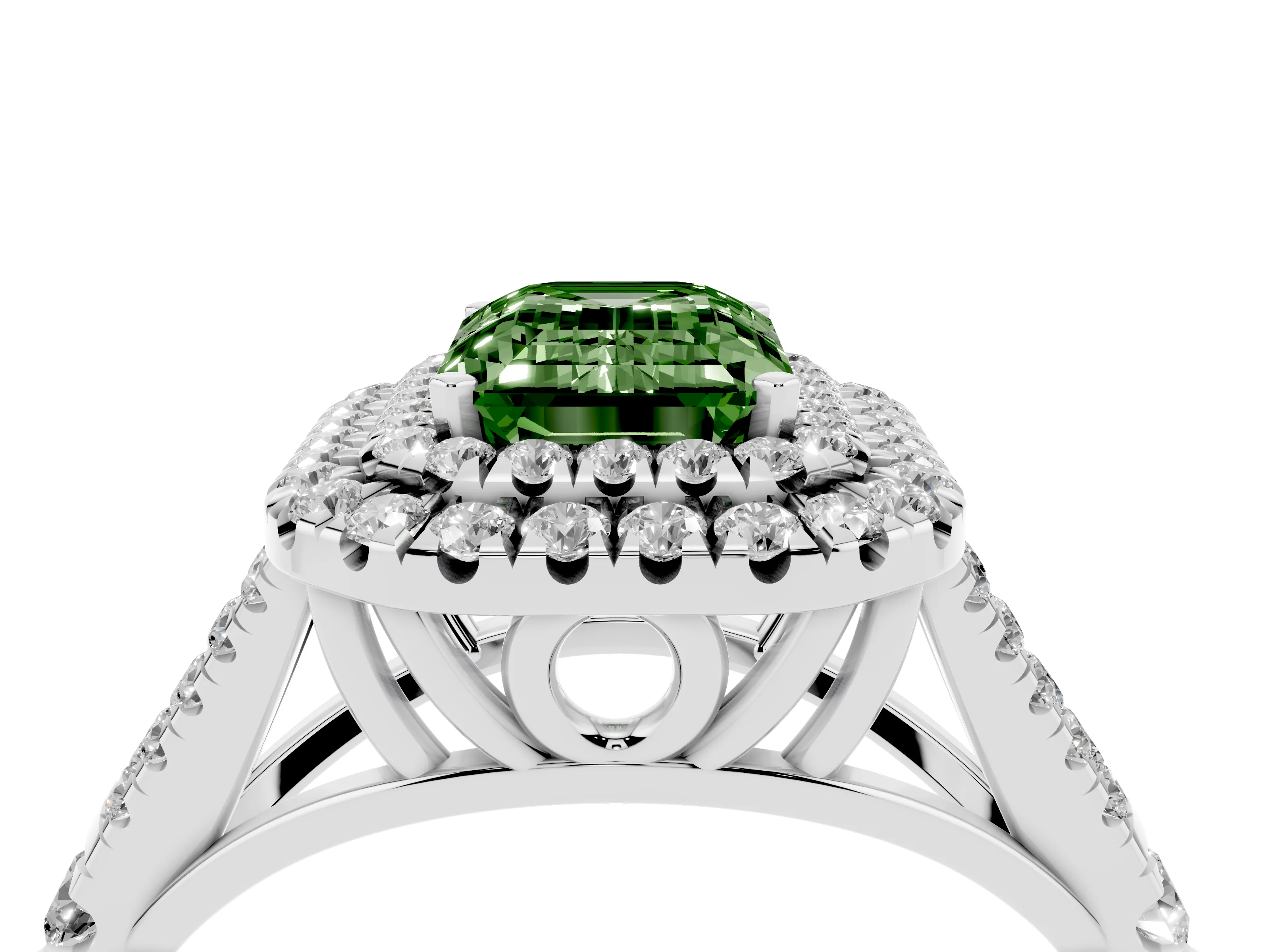 Fancy Green Emerald Cut Diamond Pavé Split Shank Double Halo Engagement Ring Set in White gold
