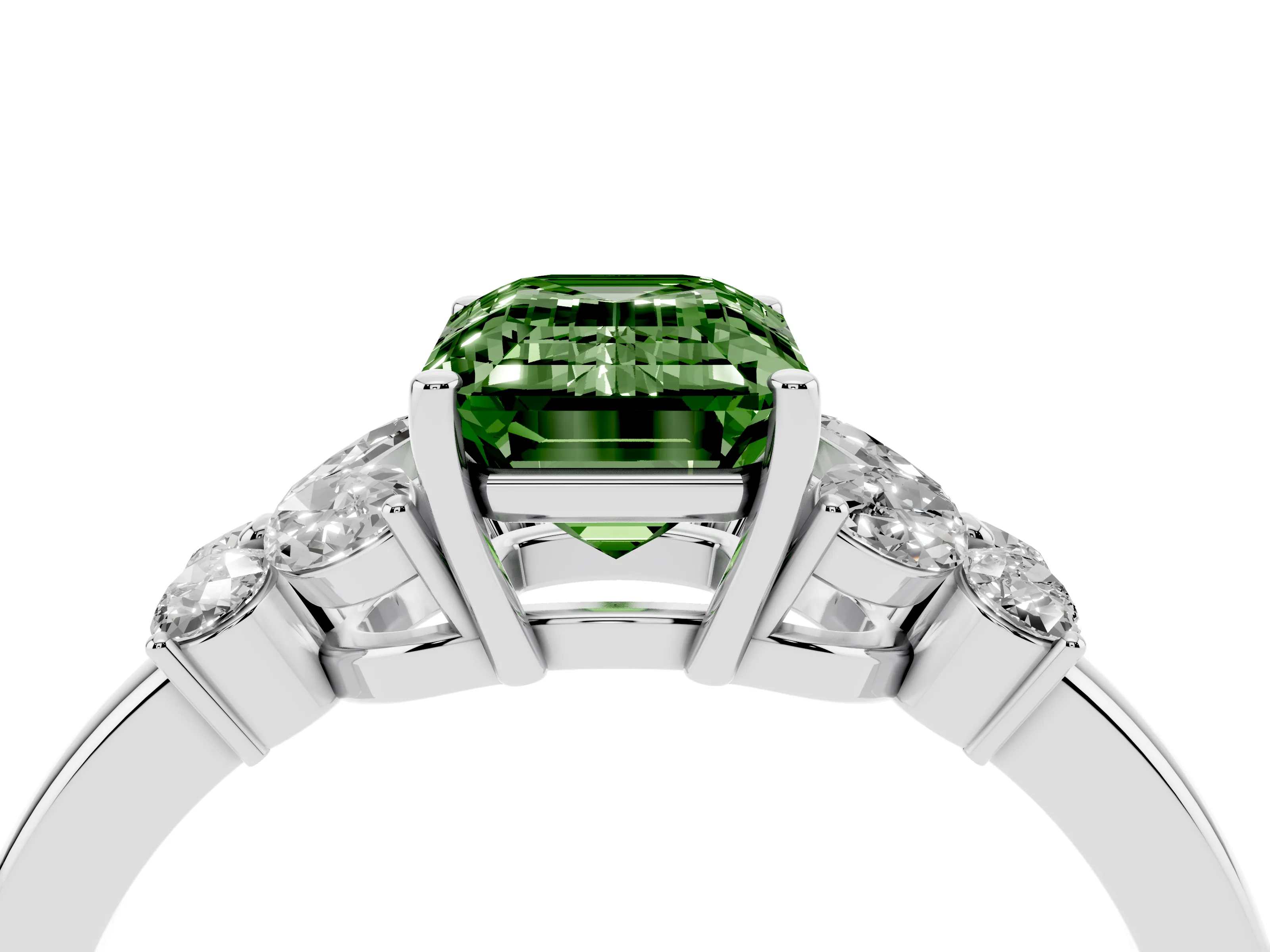 Fancy Green Emerald Cut Diamond Solitaire Floral Ring Set in Platinum with Marquise Petals and Prong Setting
