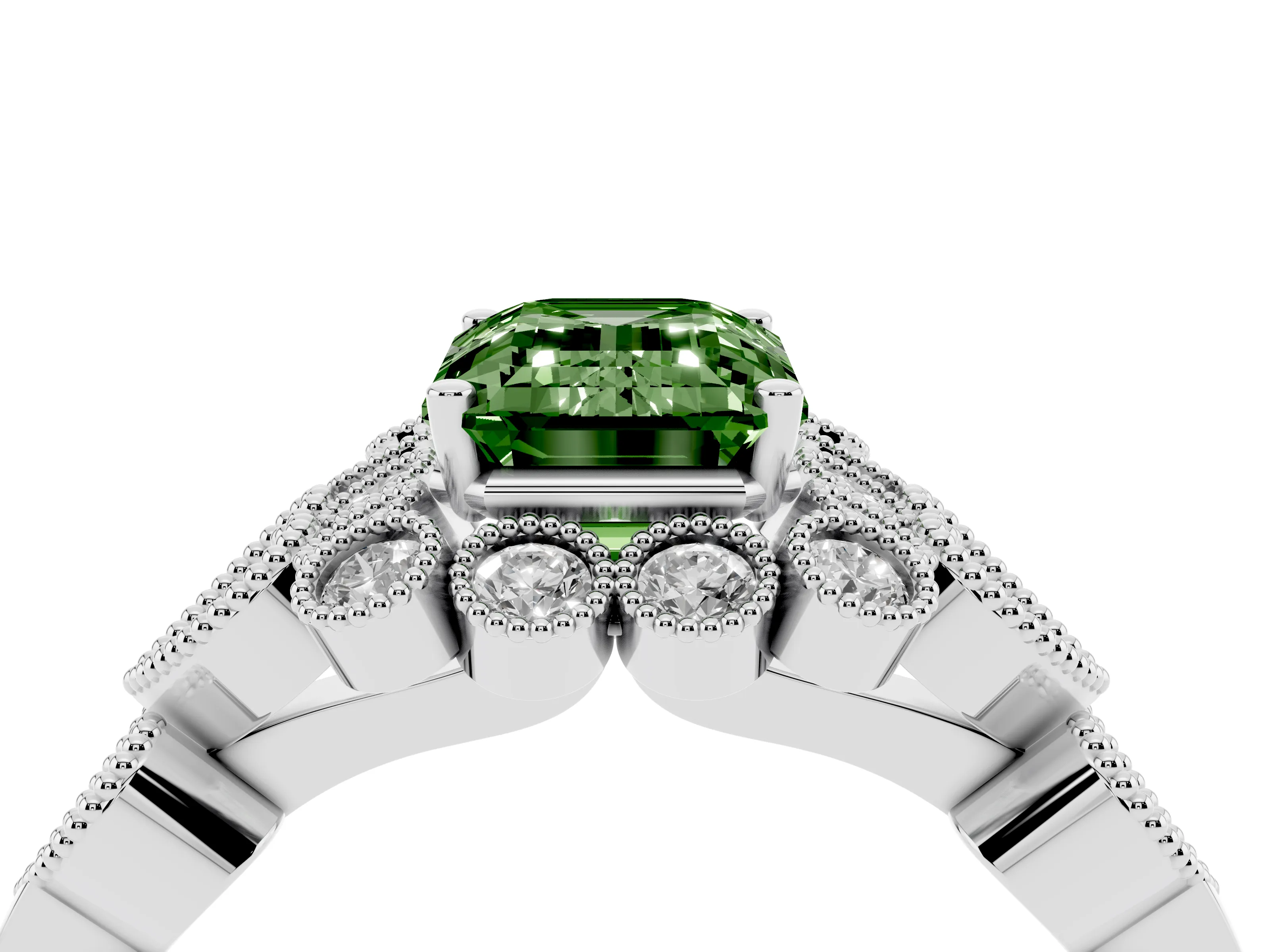 Fancy Green Emerald Cut Diamond Solitaire Ring Set in Silver with Milgrain Pavé Heart Band