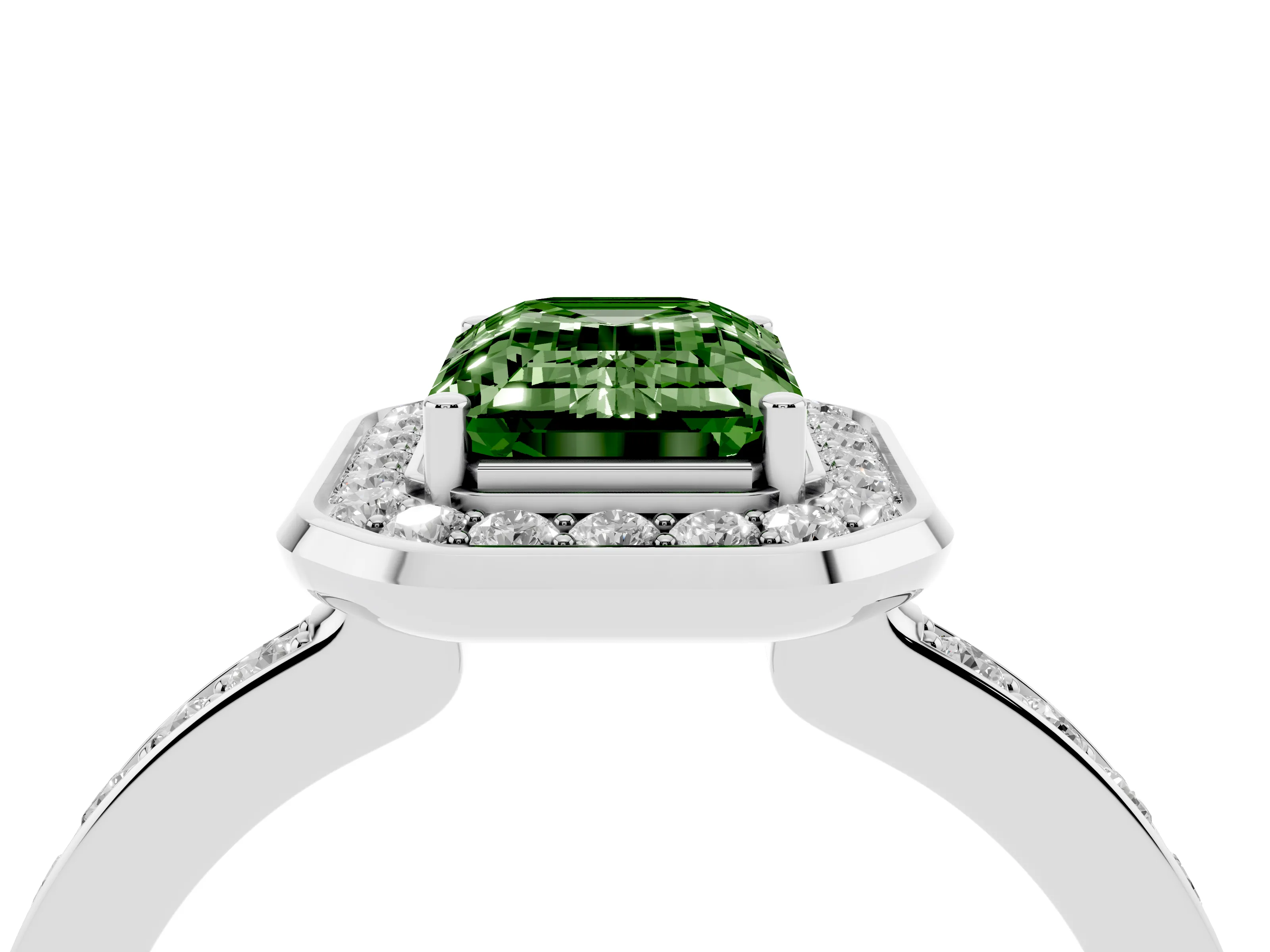 Fancy Green Emerald Cut Diamond Halo Ring Set in White gold with Bezel Frame and Pavé Band