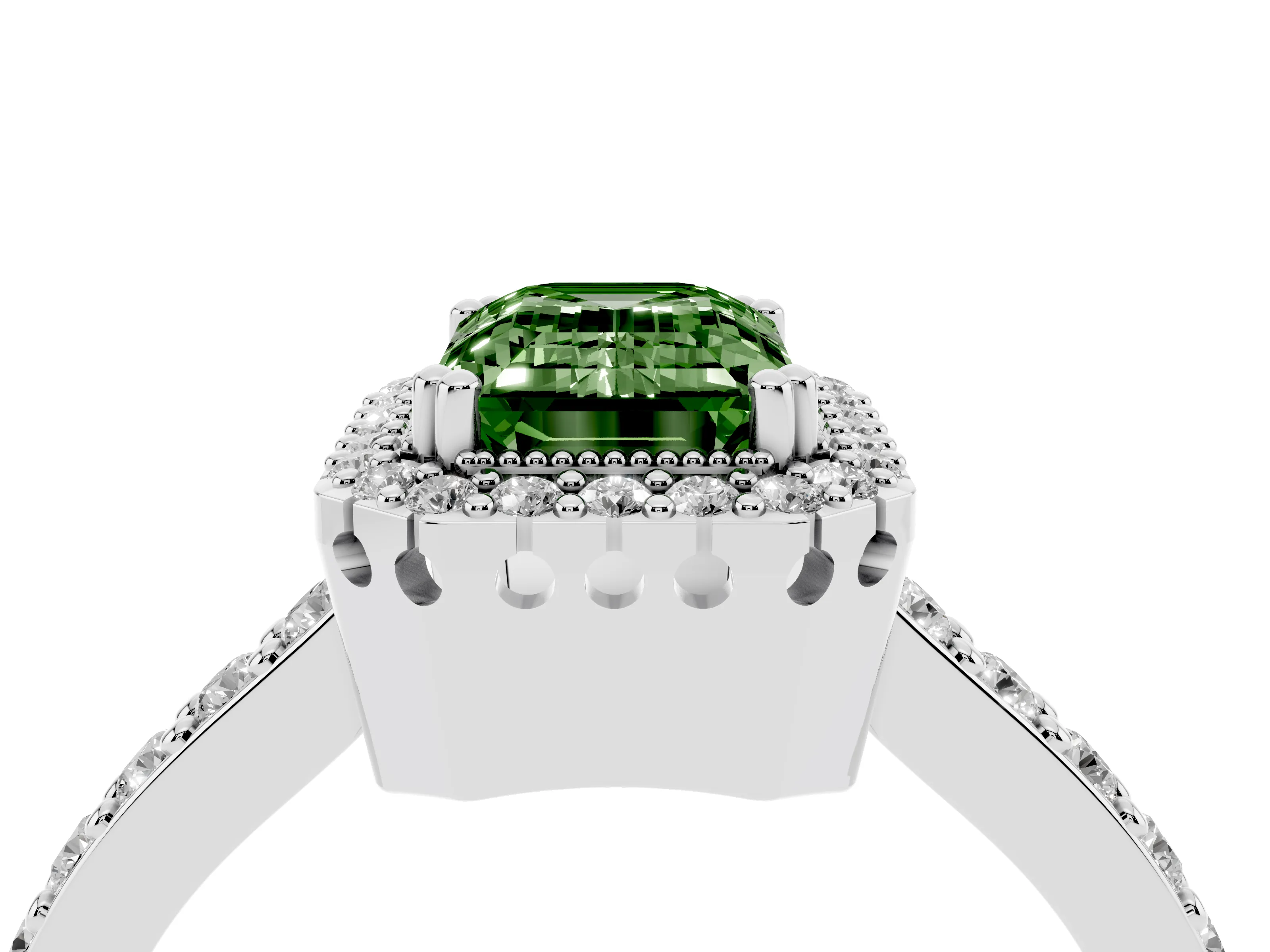 Fancy Green Emerald Cut Diamond Halo Engagement Ring Set in White gold with Milgrain Detail and Pavé Band