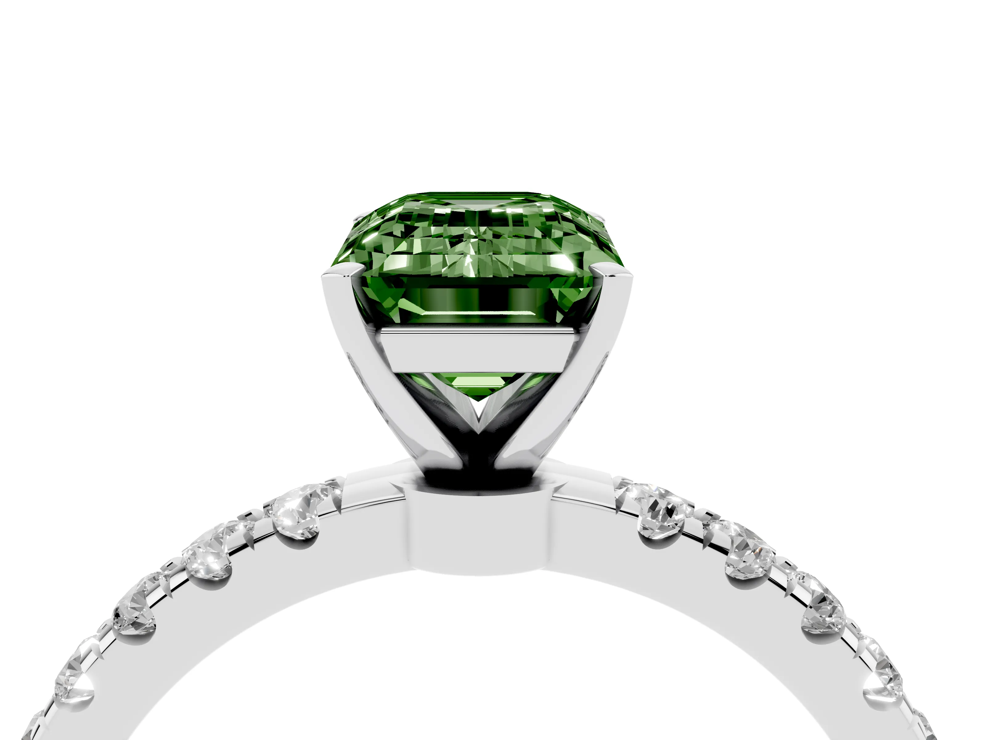 Fancy Green Emerald Cut Diamond Solitaire Ring Set in Platinum with Pavé Accents and Prong Setting