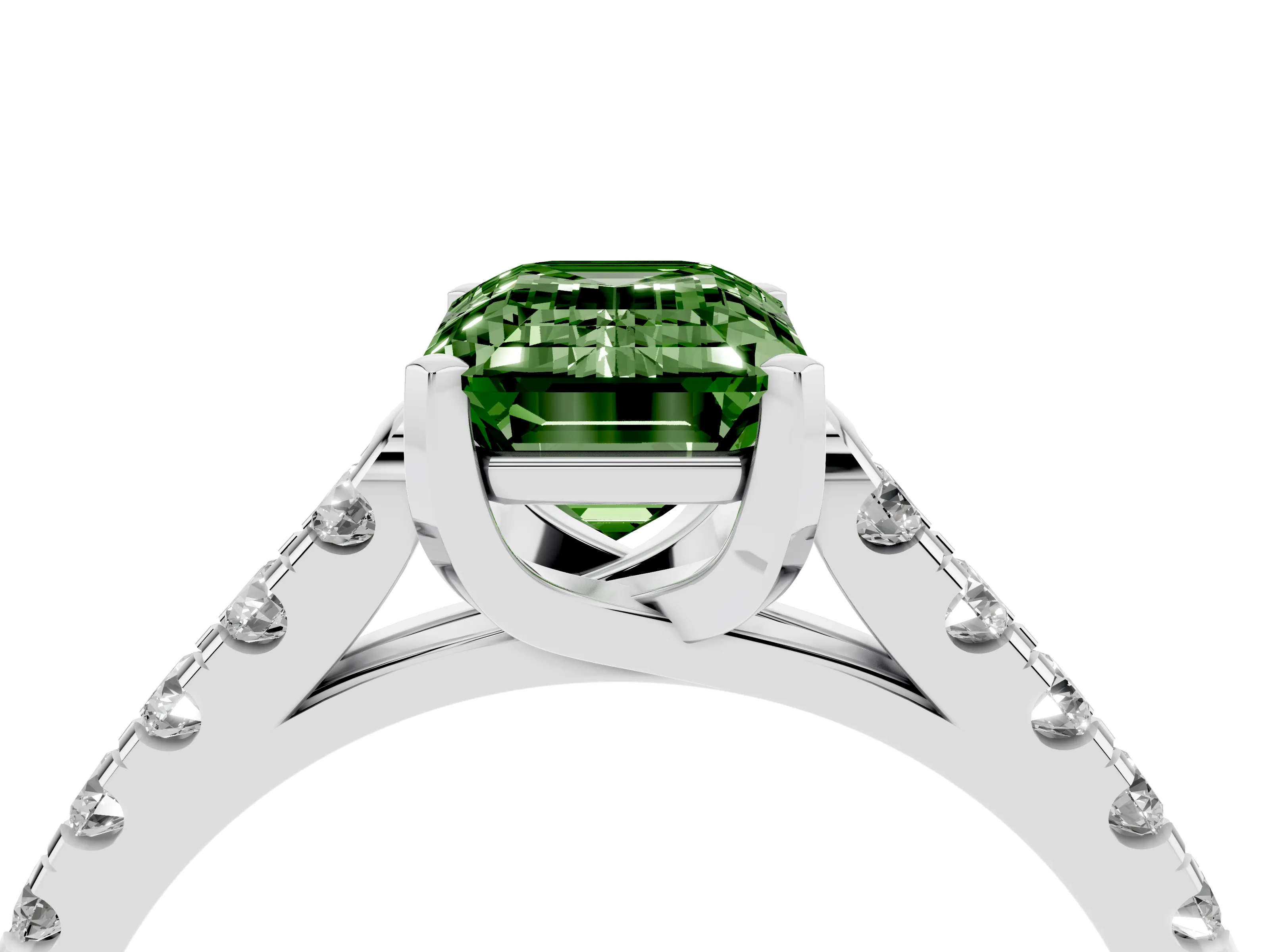 Fancy Green Emerald Cut Diamond Pavé Band Solitaire Ring Set in White gold with Partway Accent Stones and Prong Setting