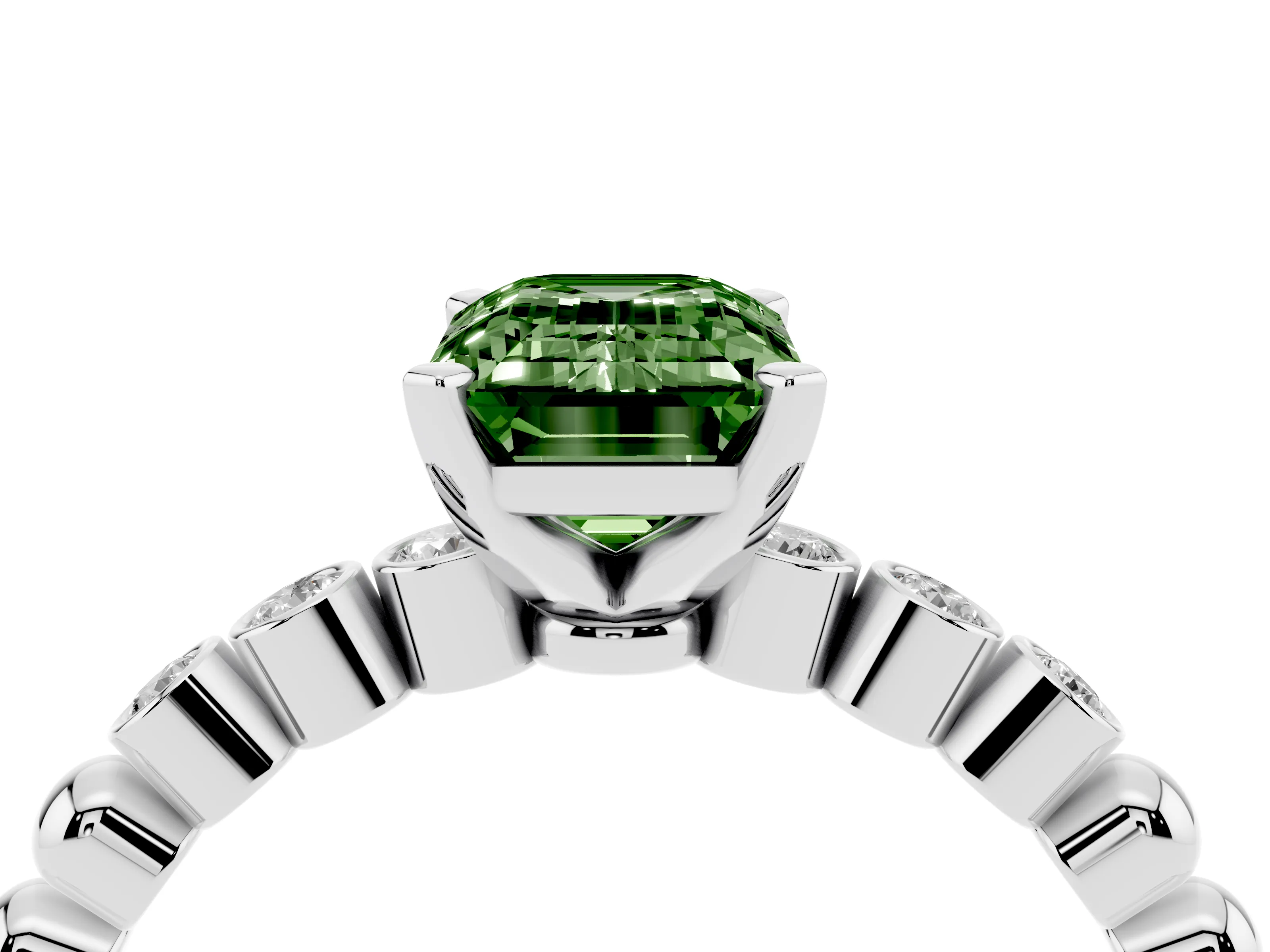 Fancy Green Emerald Cut Diamond Solitaire Engagement Ring Set in Platinum with Bezel Accents on Beaded Band