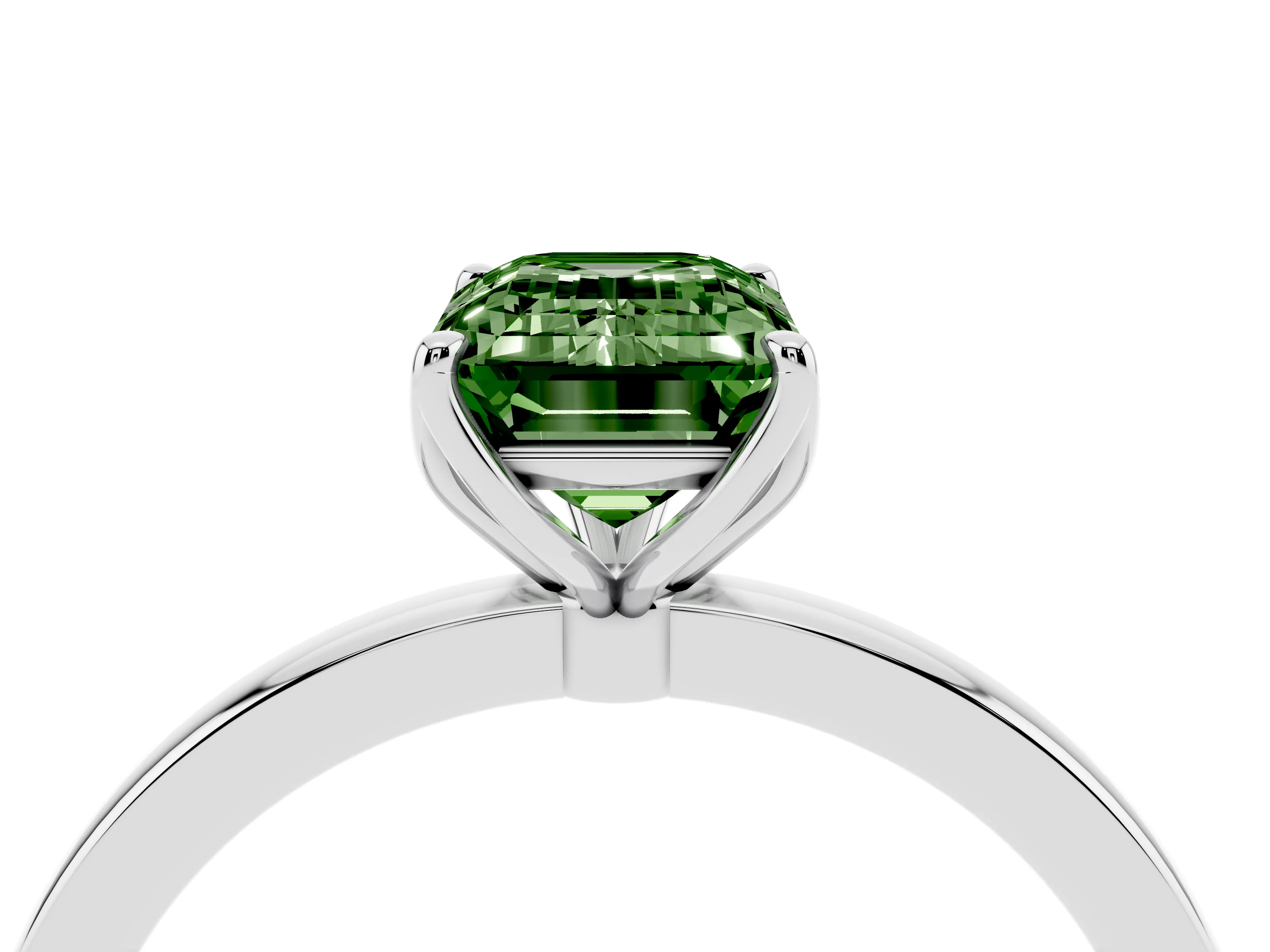 Fancy Green Emerald Cut Diamond Solitaire Ring Set in White gold with Prong Setting and Thin Polished Band
