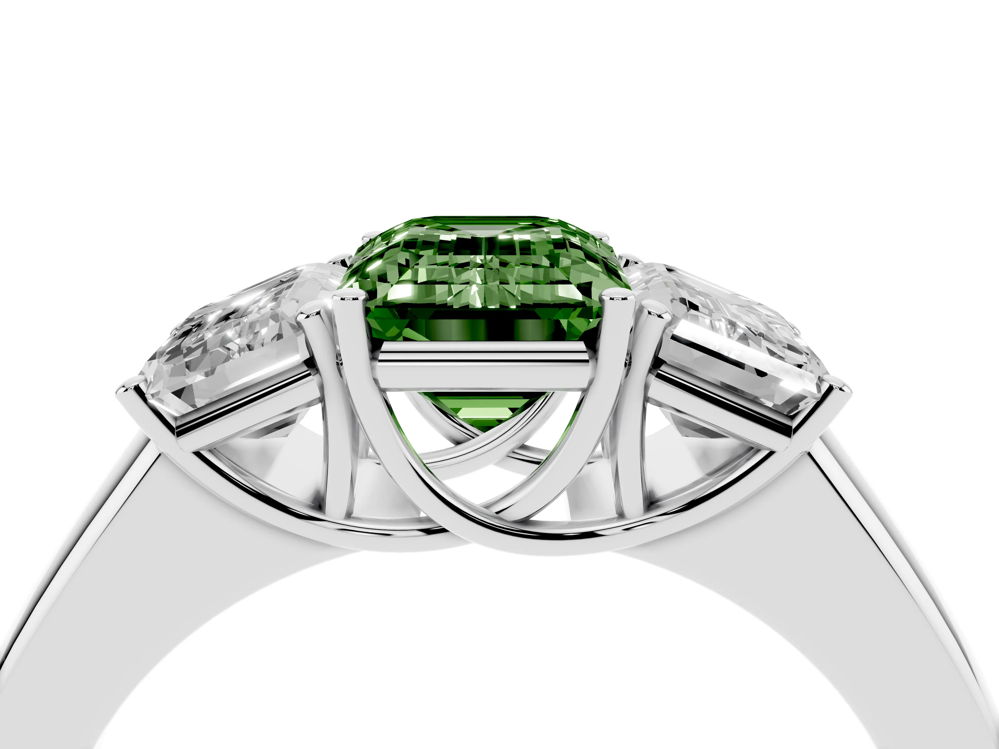 Fancy Green Three-Stone Emerald Cut Diamond Ring Set in Platinum with Matching Prong Settings and Plain Band