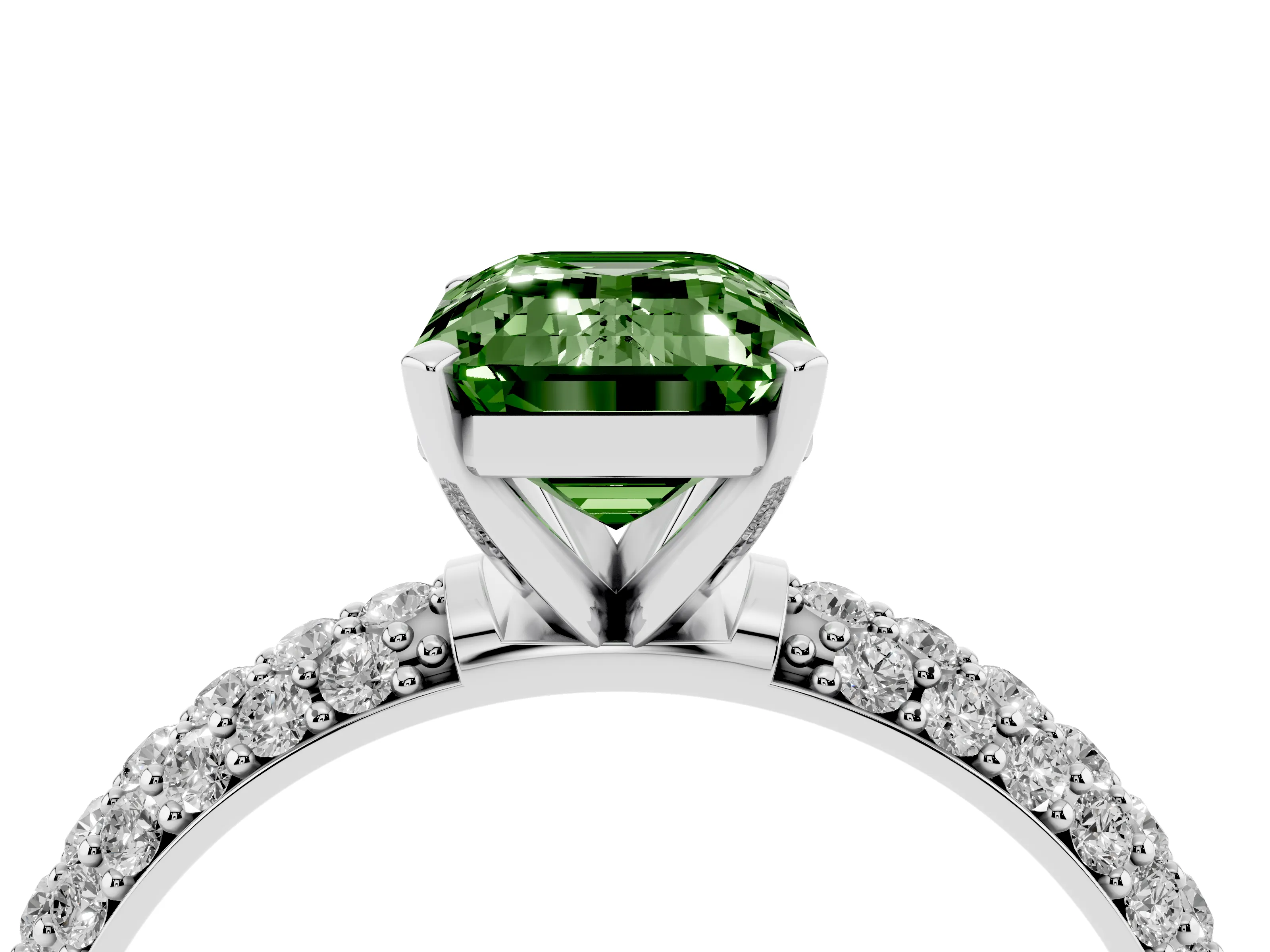 Fancy Green Emerald Cut Diamond Solitaire Ring Set in Platinum with Prong Setting and Pavé-Set Band