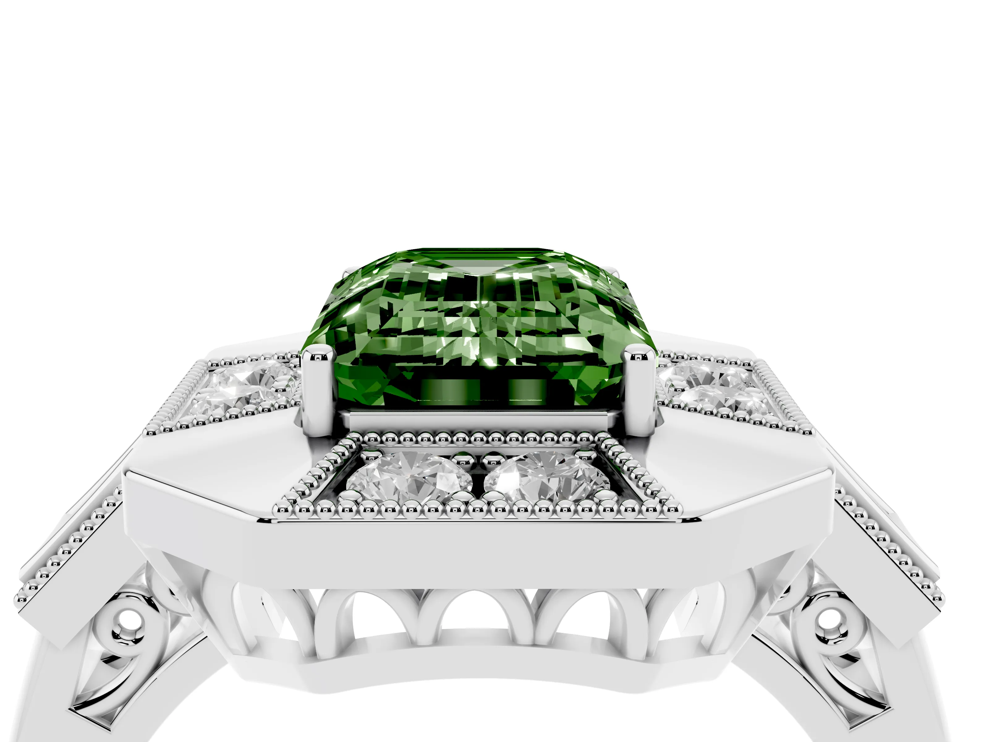 Fancy Green Emerald Cut Diamond Milgrain Halo Ring Set in Silver with Split Shank
