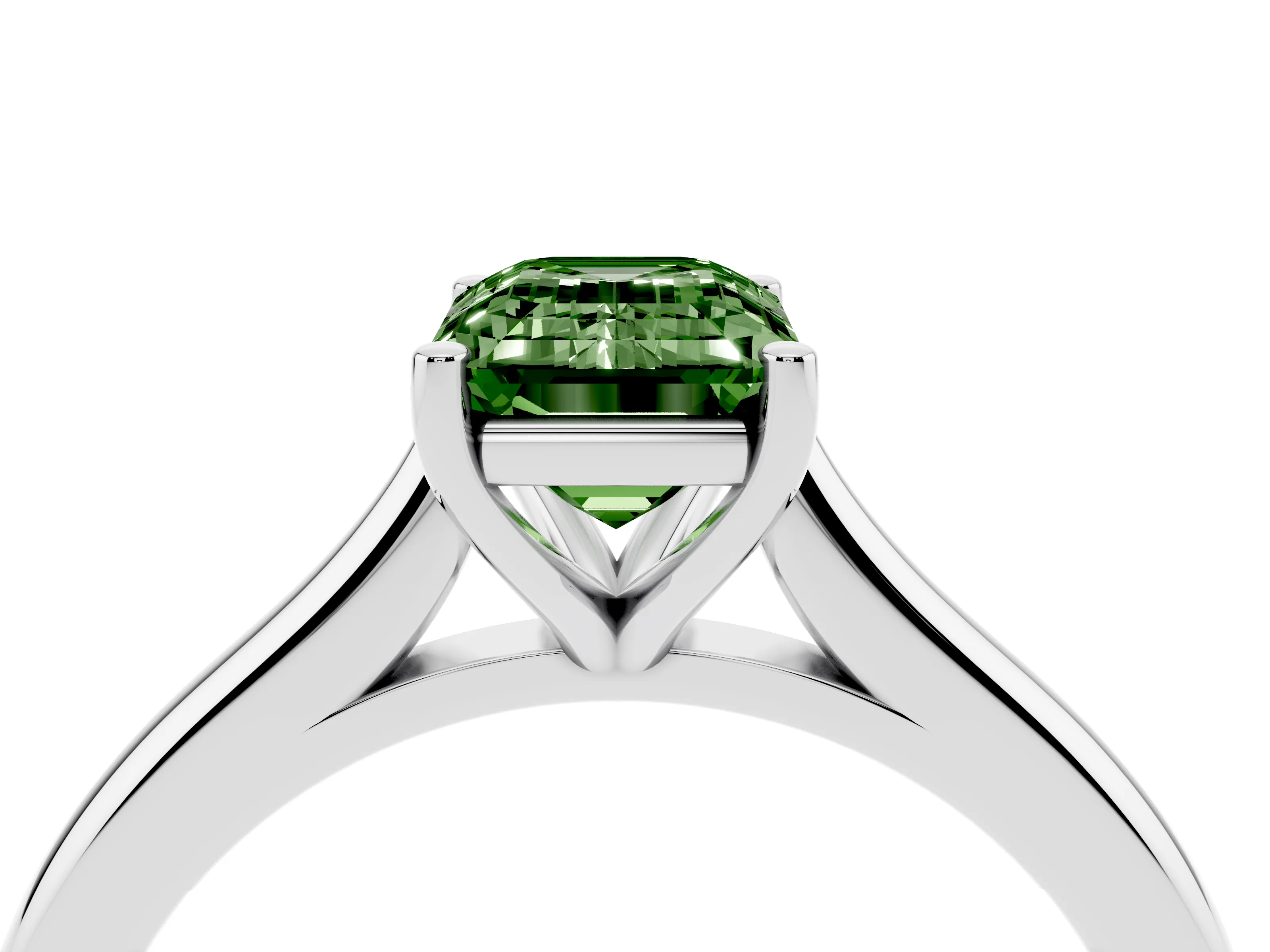 Fancy Green Emerald Cut Diamond Solitaire Ring Set in Silver with Cathedral Band and Prong Setting