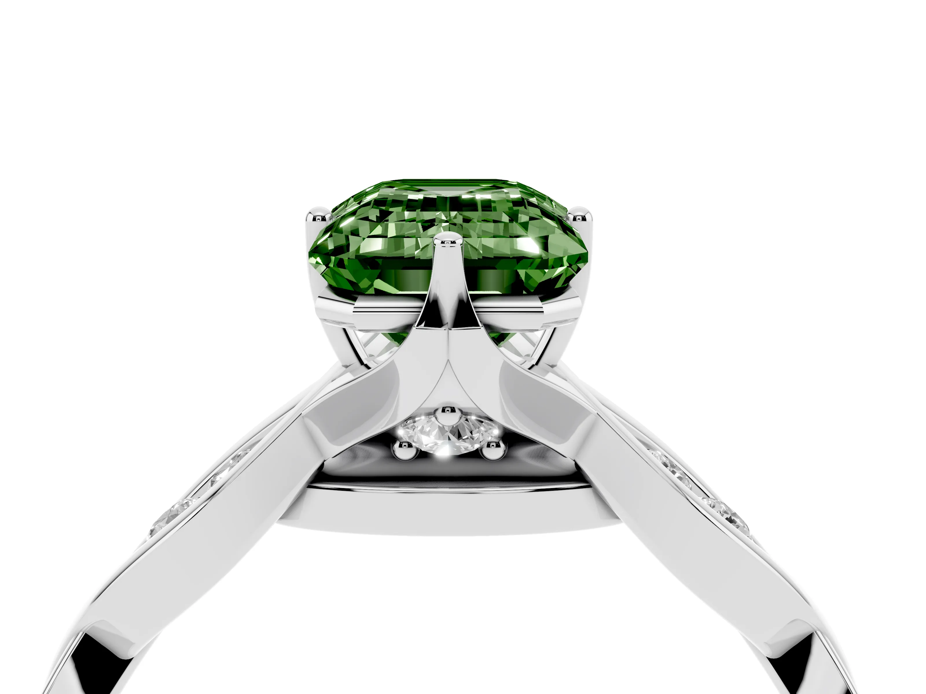 Fancy Green Emerald Cut Diamond Twist Band Solitaire Ring Set in Platinum with Leaf Prong Setting and Accent Stones