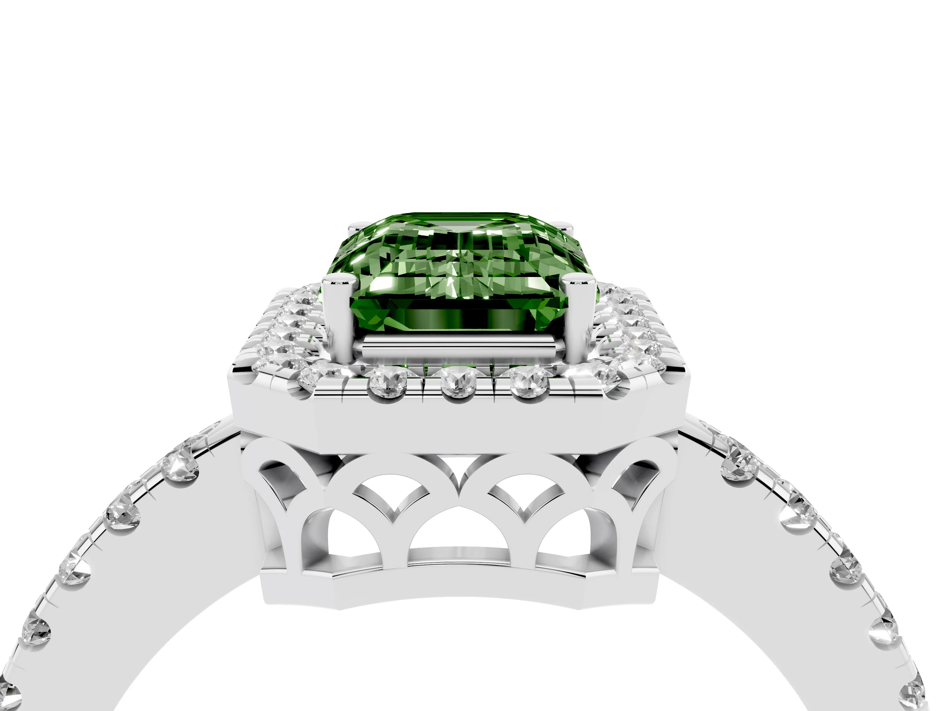 Fancy Green Emerald Cut Diamond Pavé Band Halo Engagement Ring Set in Silver with Prong Setting