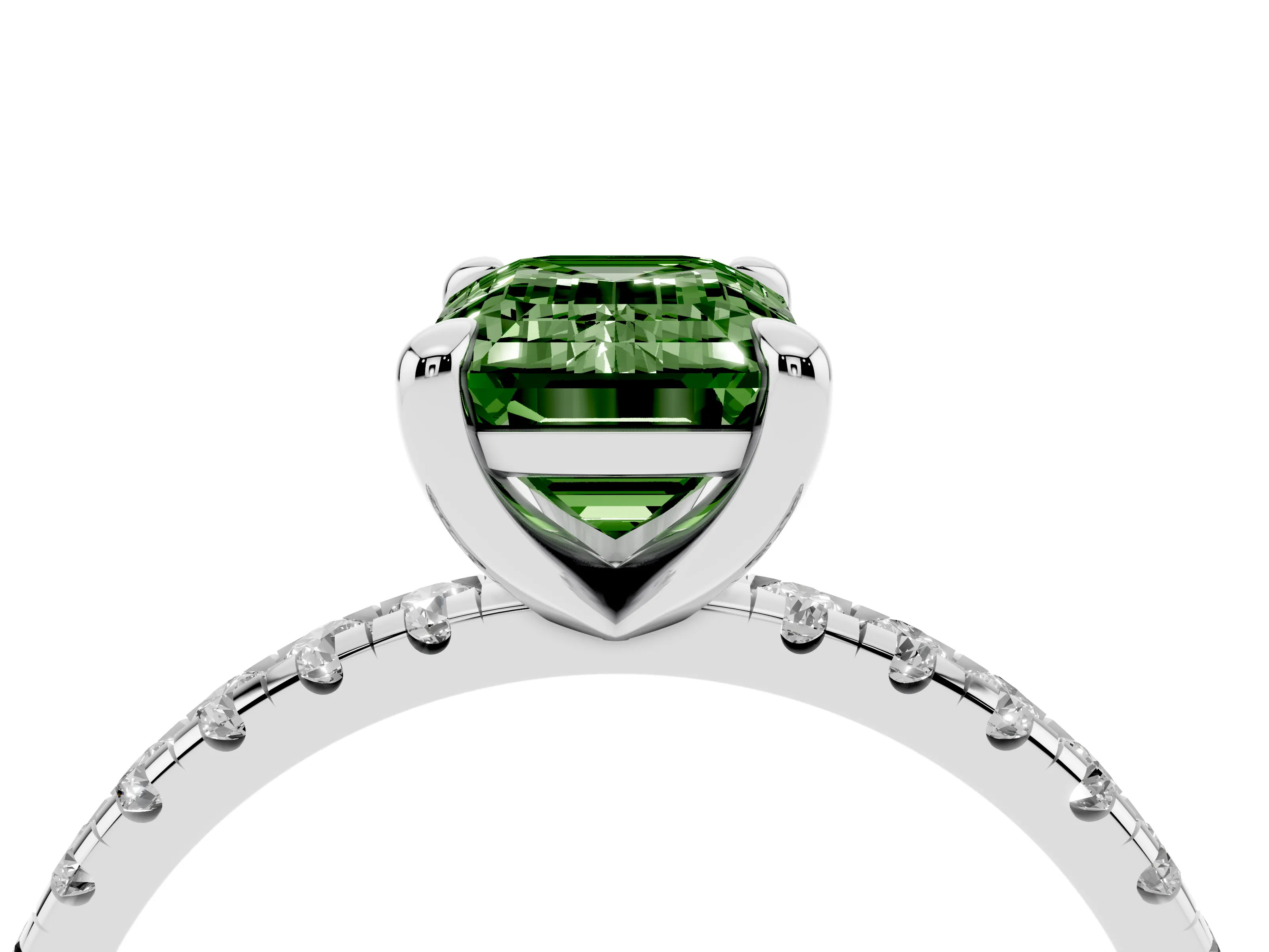 Fancy Green Emerald Cut Diamond Brilliant Solitaire Ring Set in White gold with Pavé Band and Prong Setting