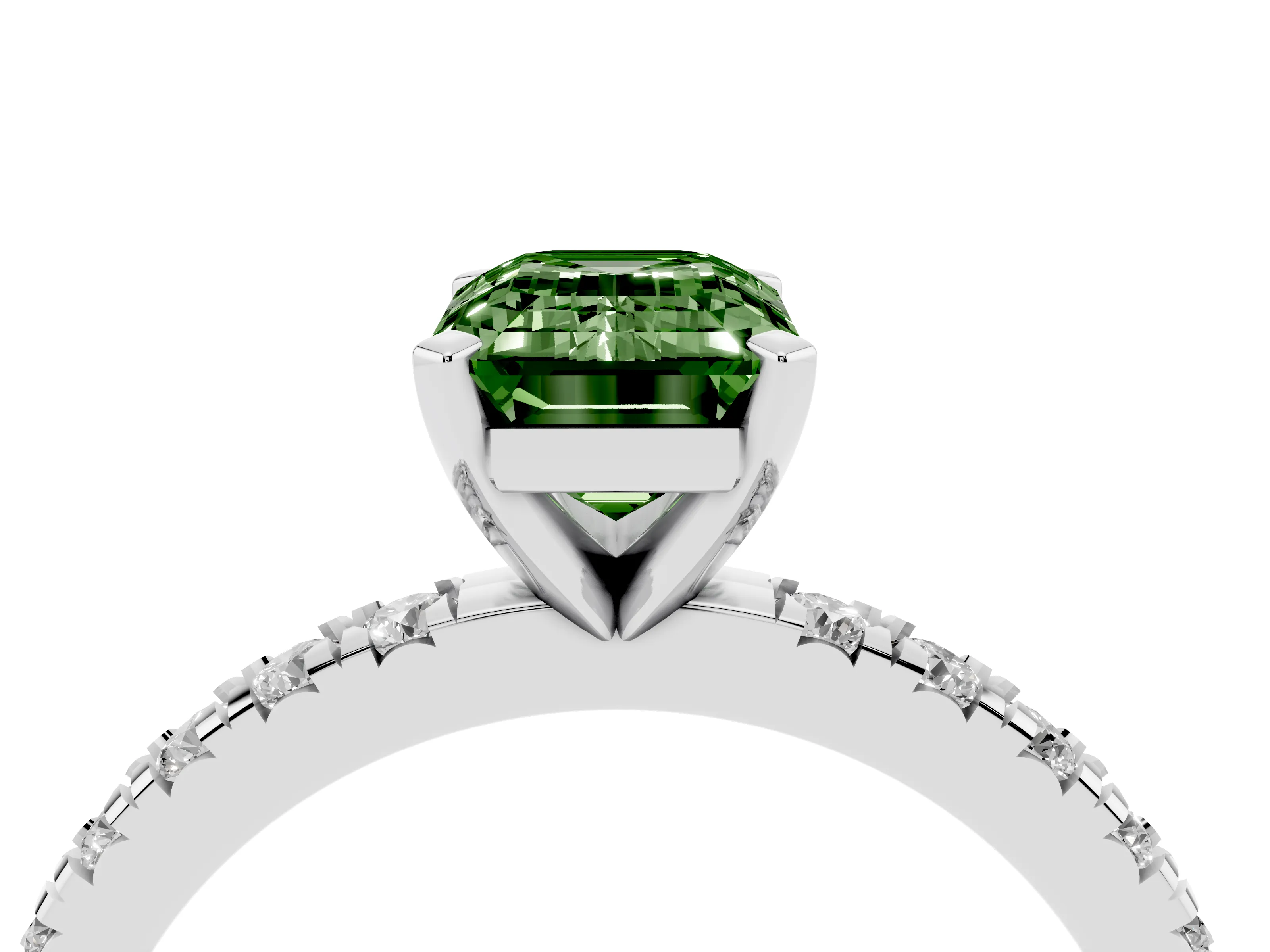 Fancy Green Emerald Cut Diamond Pavé Band Solitaire Set in Platinum with Prong Setting