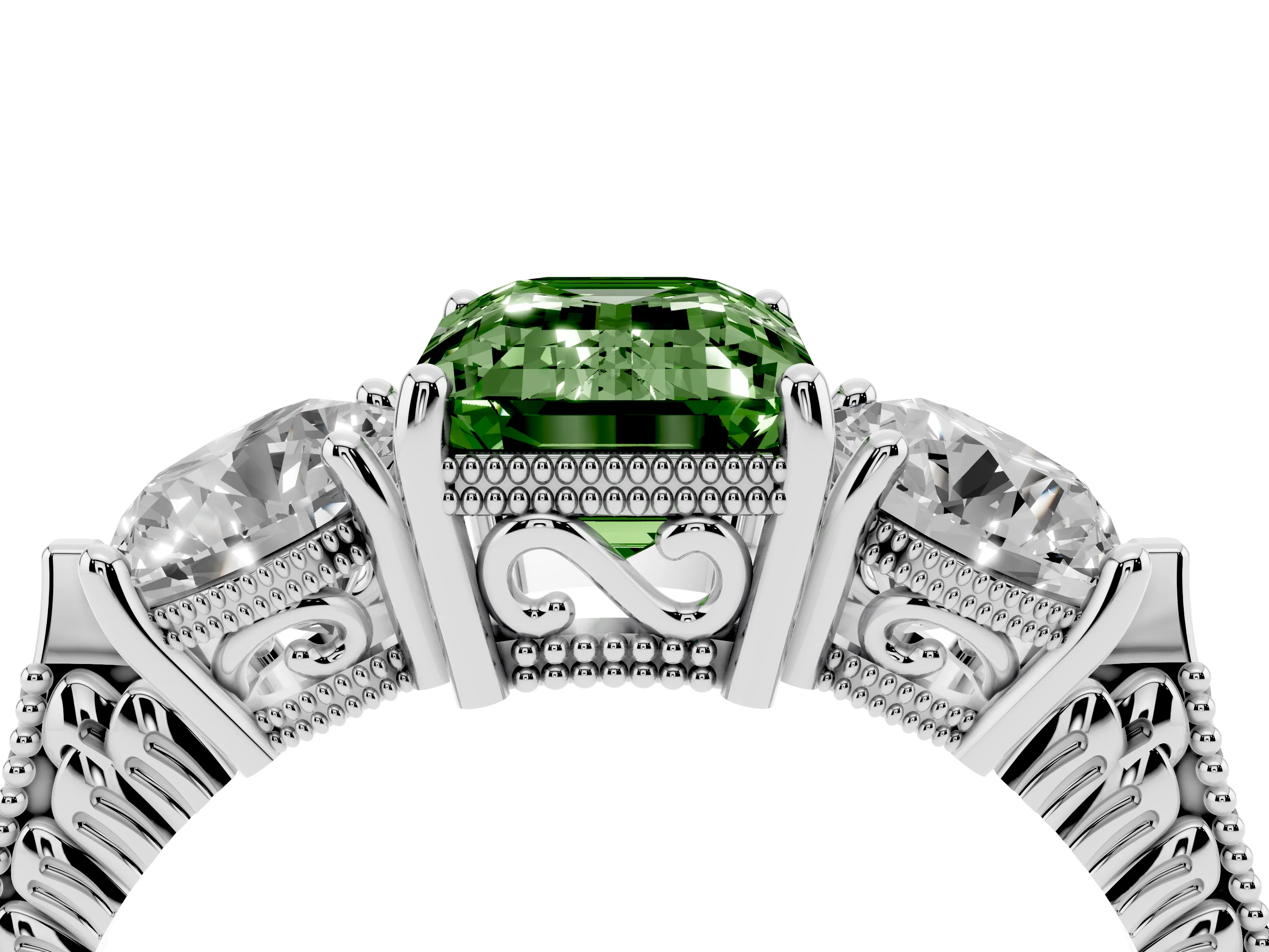 Fancy Green Emerald Cut Diamond Three-Stone Ring Set in Silver with Milgrain Band