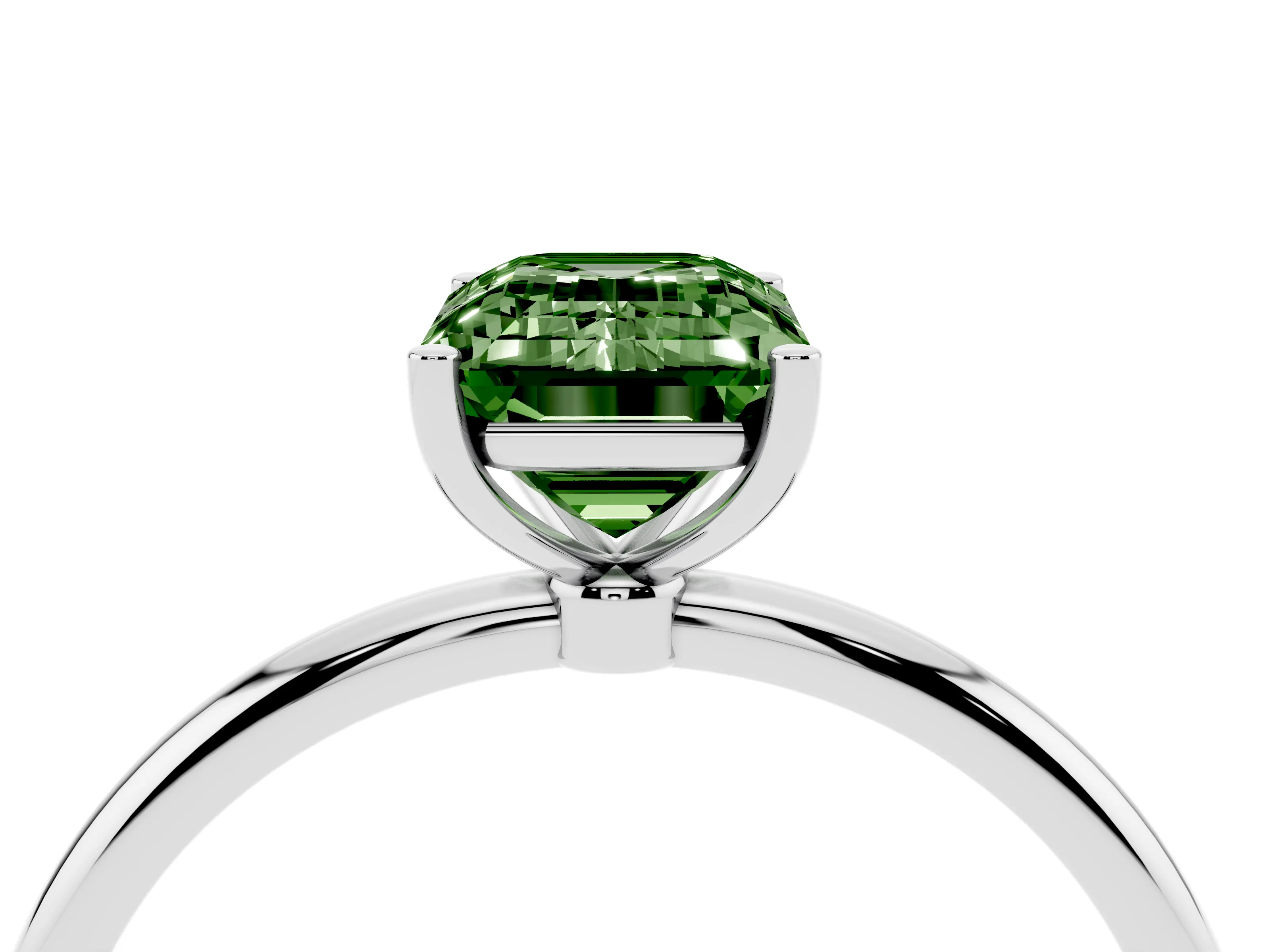 Fancy Green Emerald Cut Diamond Solitaire Engagement Ring Set in Platinum with Thin Band and Prong Setting