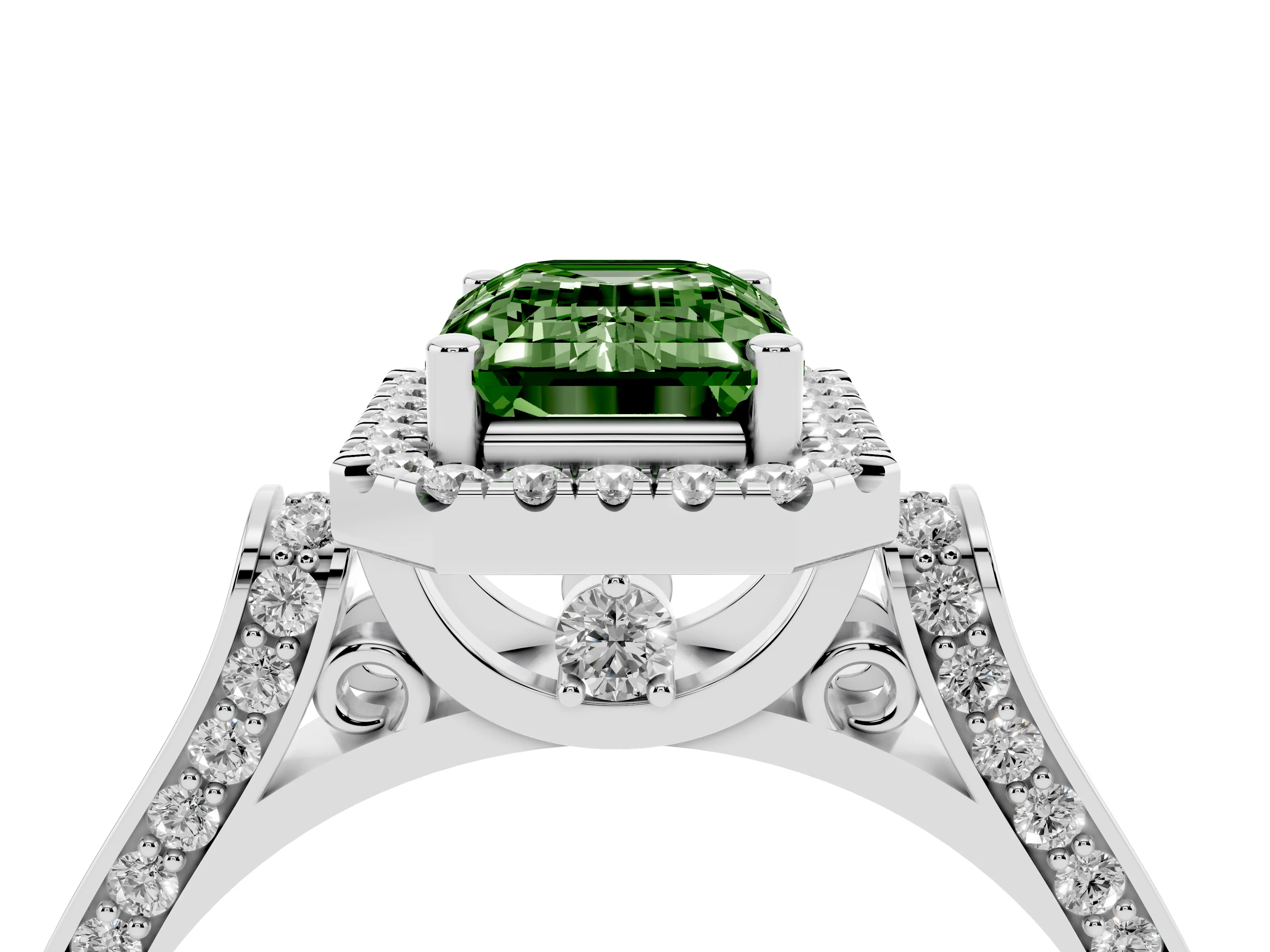 Fancy Green Emerald Cut Diamond Halo Ring Set in Platinum with Pavé-Lined Split Shank Band