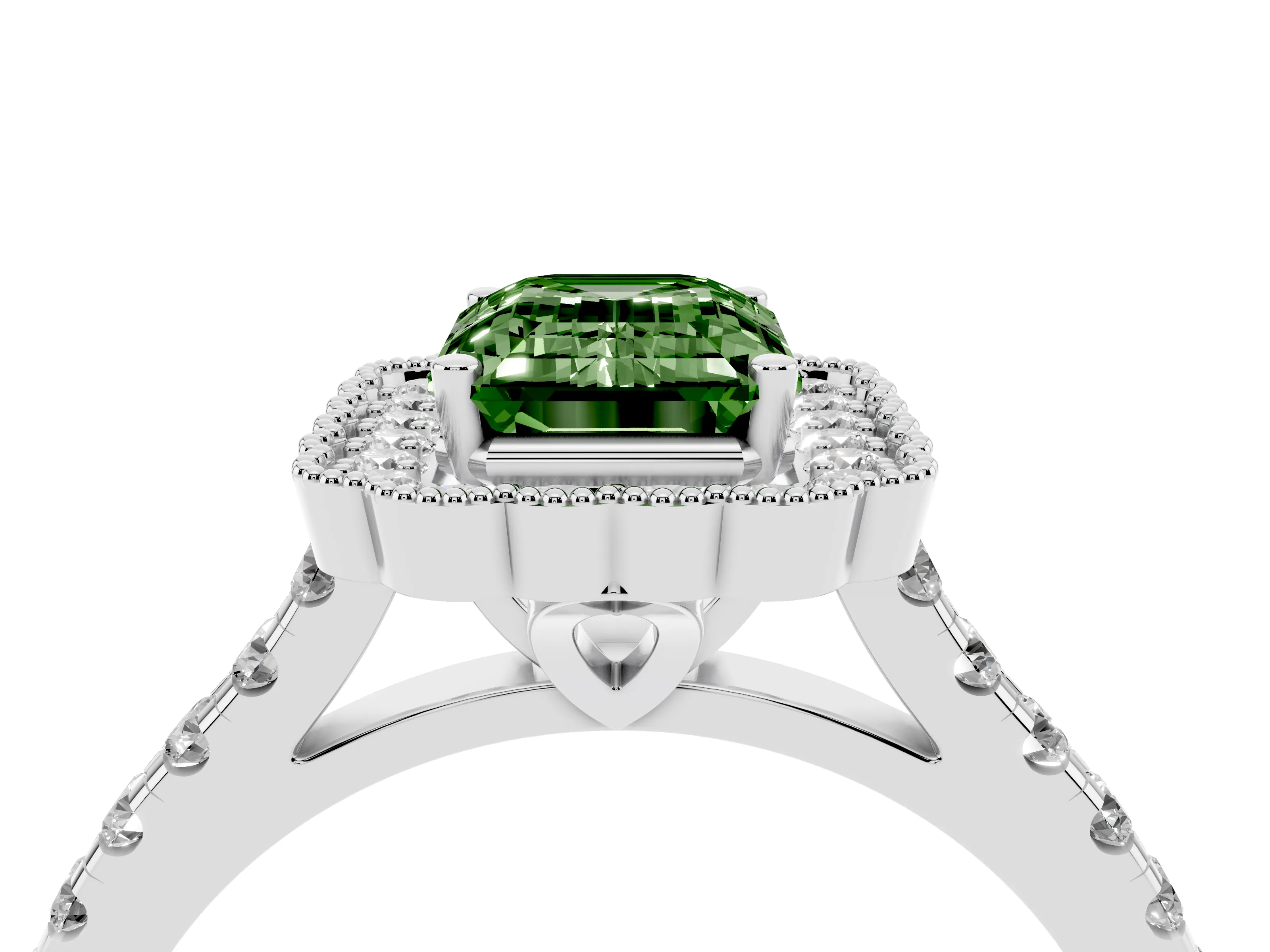 Fancy Green Emerald Cut Diamond Milgrain Floral Halo Engagement Ring Set in White gold with Pavé Band