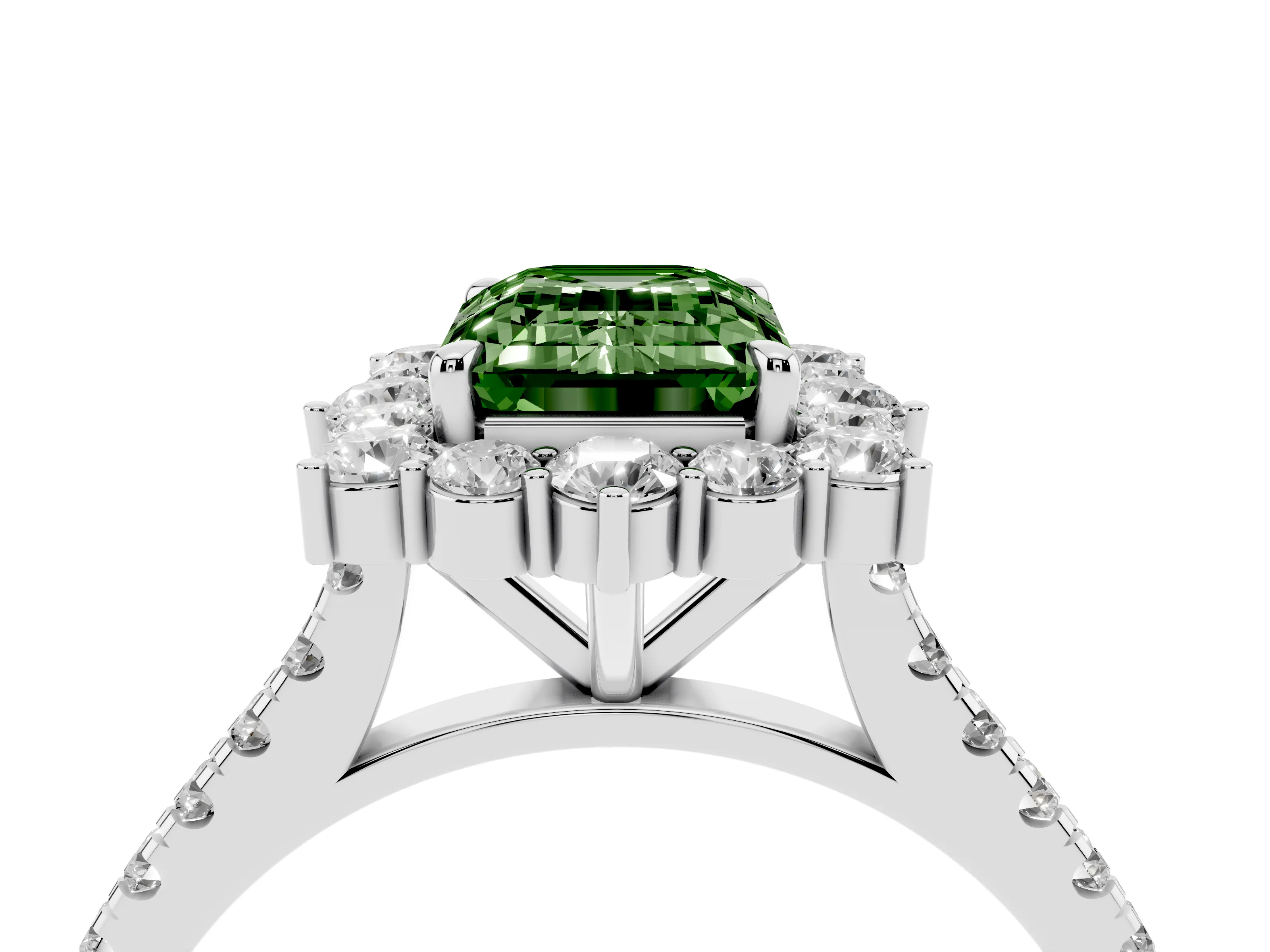 Fancy Green Emerald Cut Diamond Halo Ring Set in Platinum with Pavé Band and Prong Setting