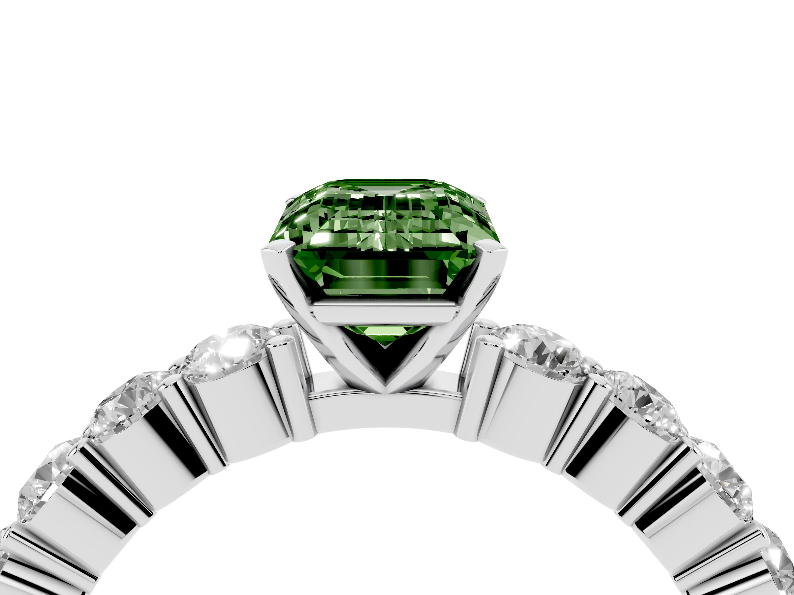 Fancy Green Emerald Cut Diamond Solitaire Ring Set in White gold with Shared Prong Round Side Stones