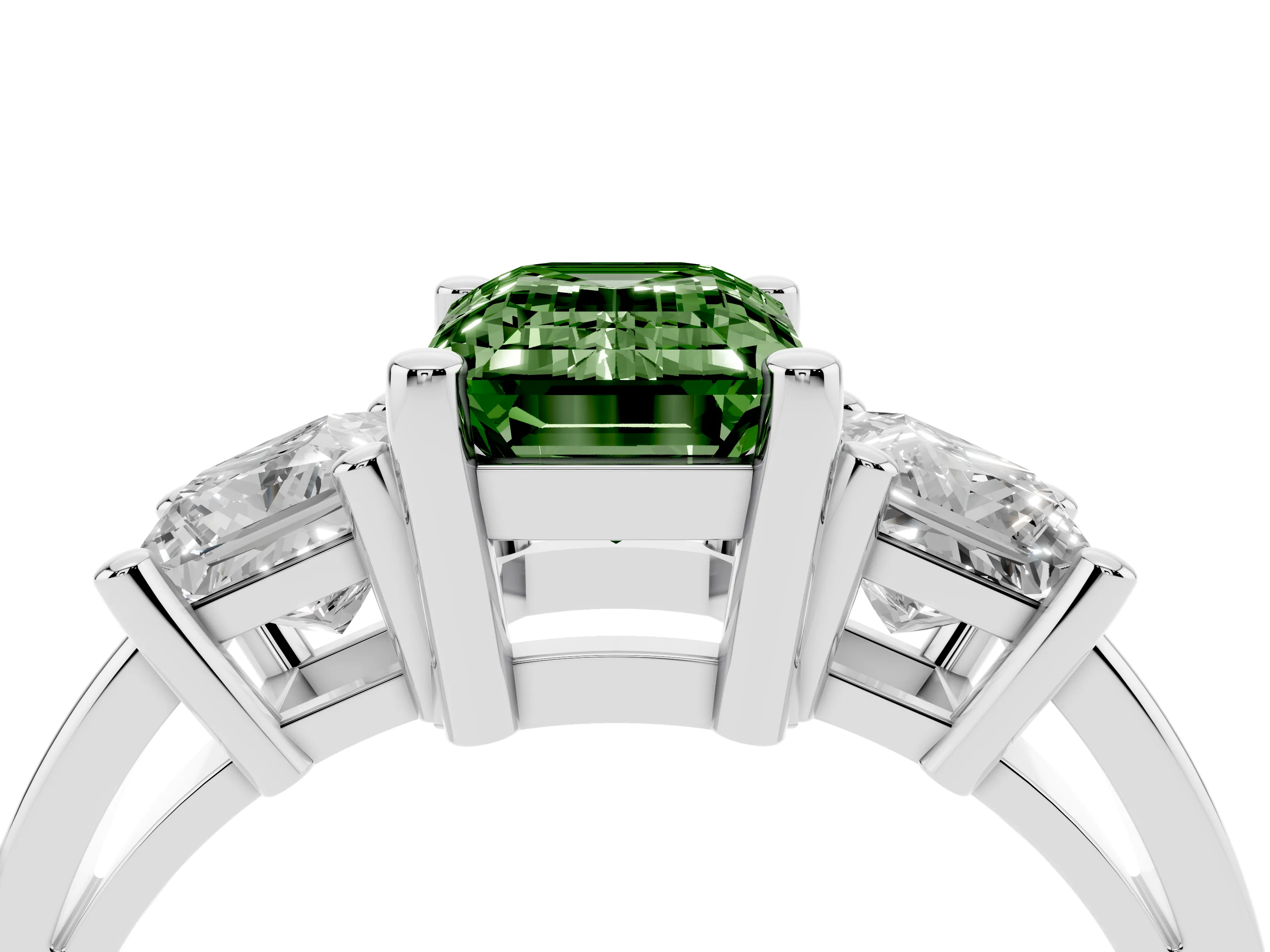 Fancy Green Three-Stone Emerald Cut Diamond Solitaire Ring Set in Platinum with Prong Setting