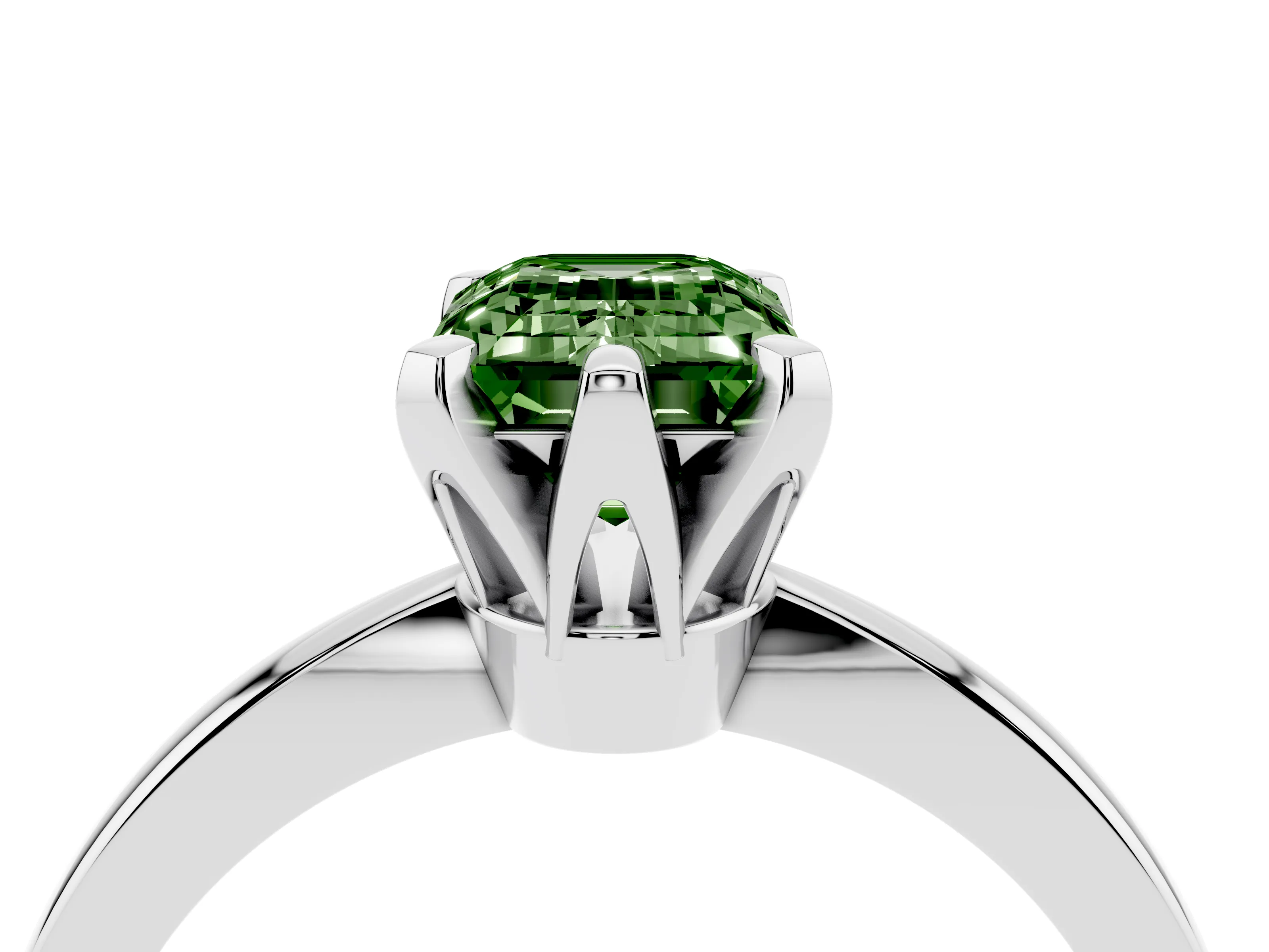 Fancy Green Emerald Cut Diamond Solitaire Engagement Ring Set in White gold with Slim Tapered Solitaire Band