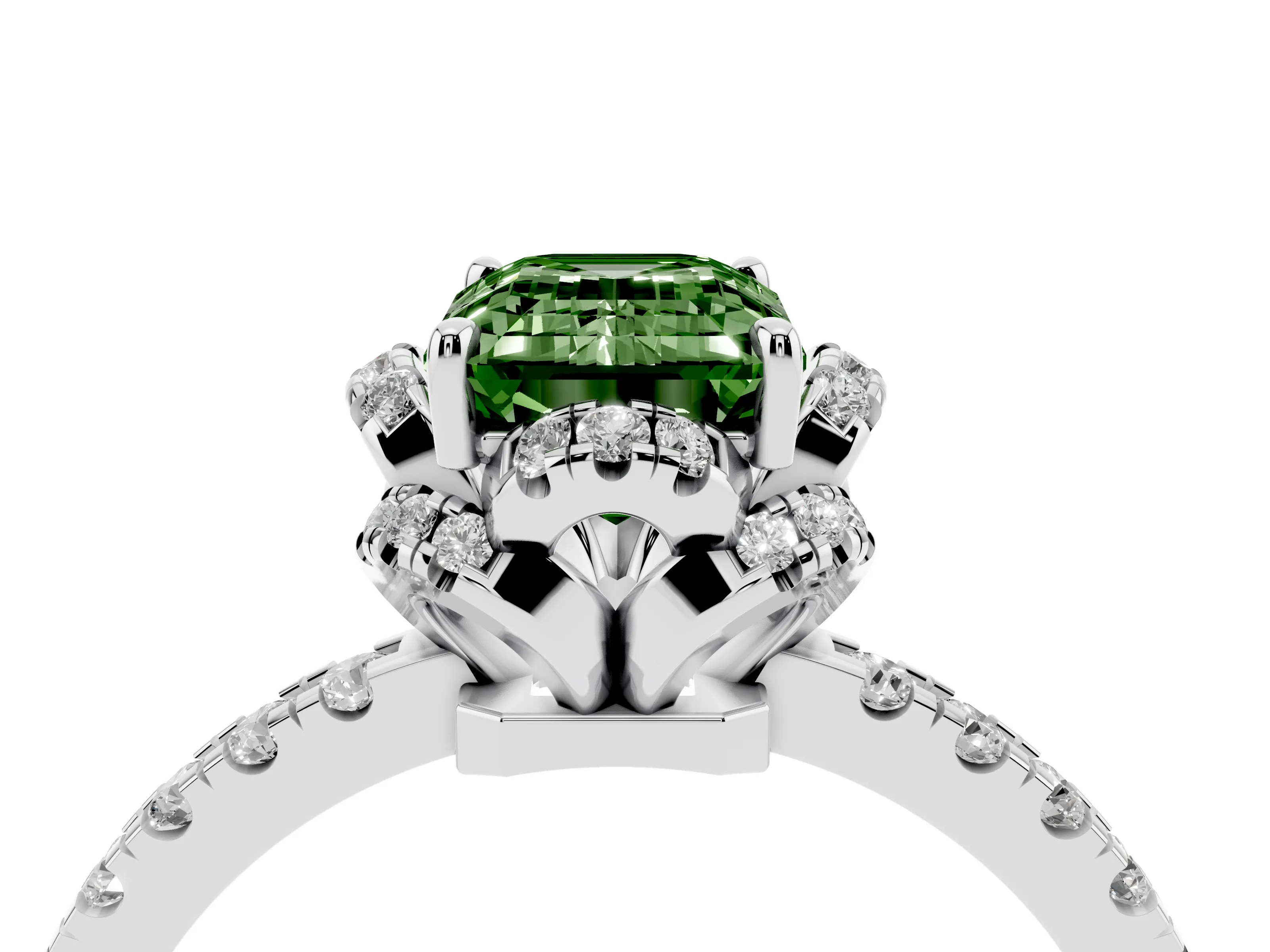 Fancy Green Emerald Cut Diamond Halo Pavé Band Ring Set in Platinum with Prong-Held Center