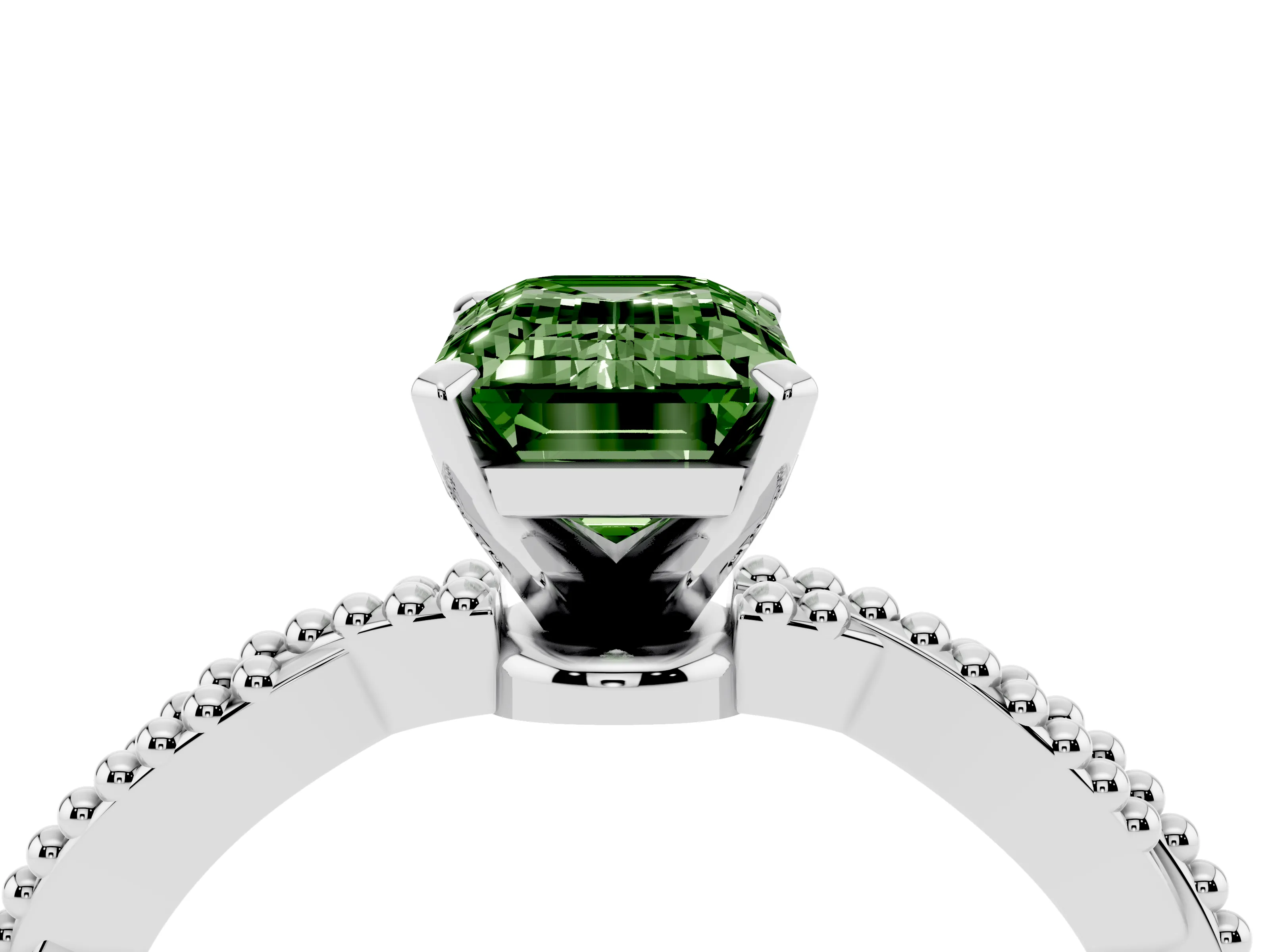 Fancy Green Emerald Cut Diamond Solitaire Ring Set in White gold with Twisted Band and Bead Prong Setting