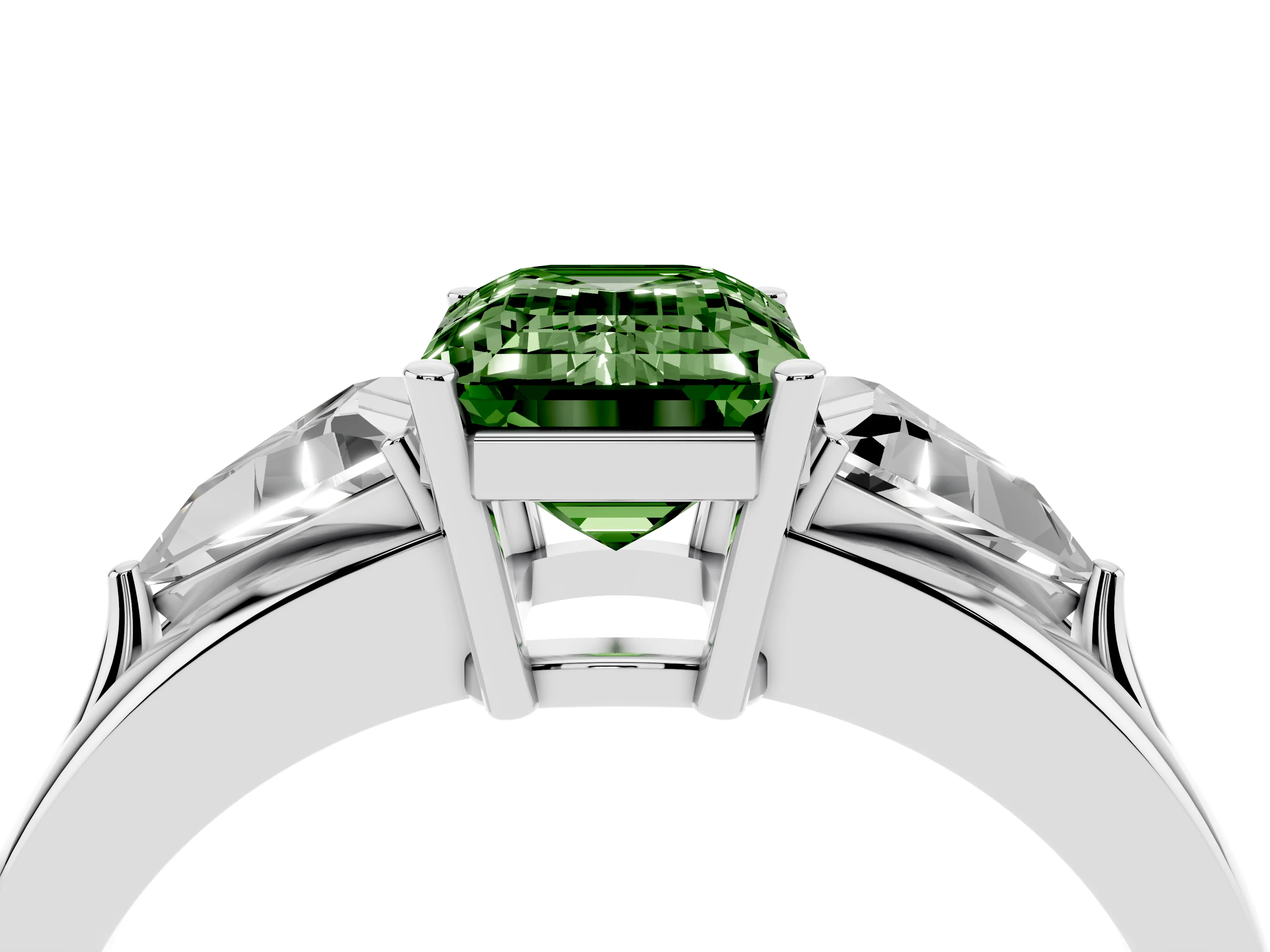Fancy Green Emerald Cut Diamond Three-Stone Ring Set in Silver with Trillion Side Stones and Split Shank