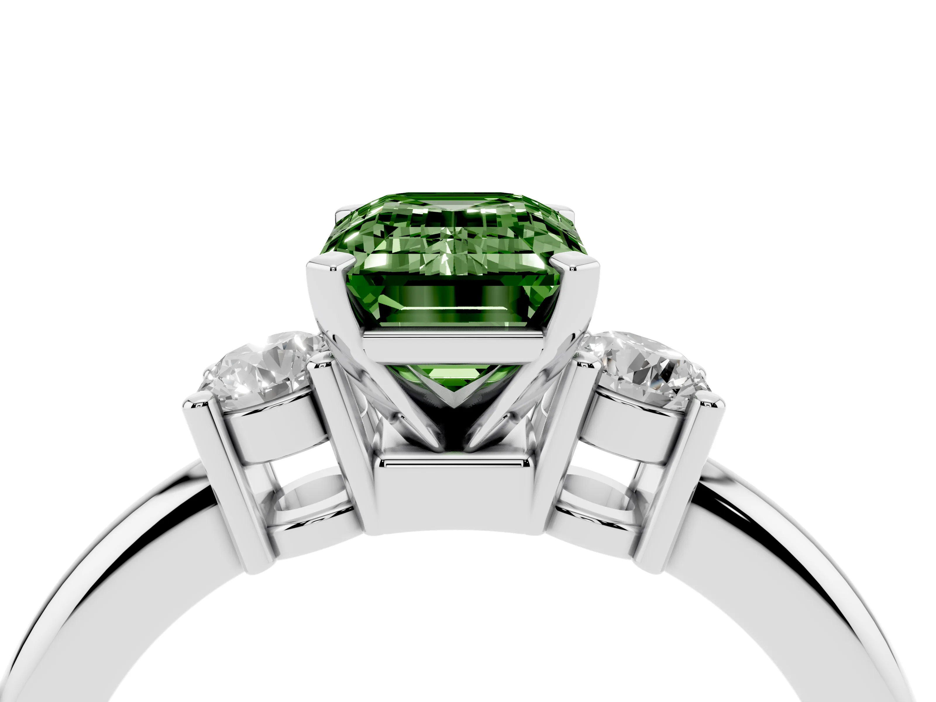 Fancy Green Three-Stone Emerald Cut Diamond Ring Set in Platinum with Prong Setting and Plain Band