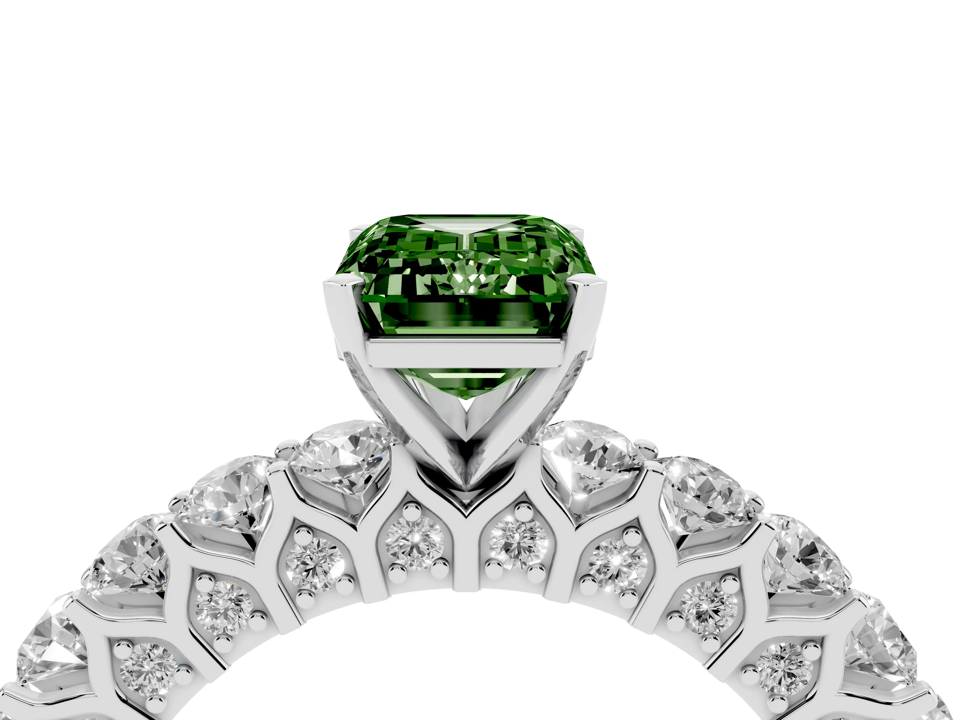 Fancy Green Emerald Cut Diamond Solitaire Ring Set in Silver with Shared Prong Pavé Band