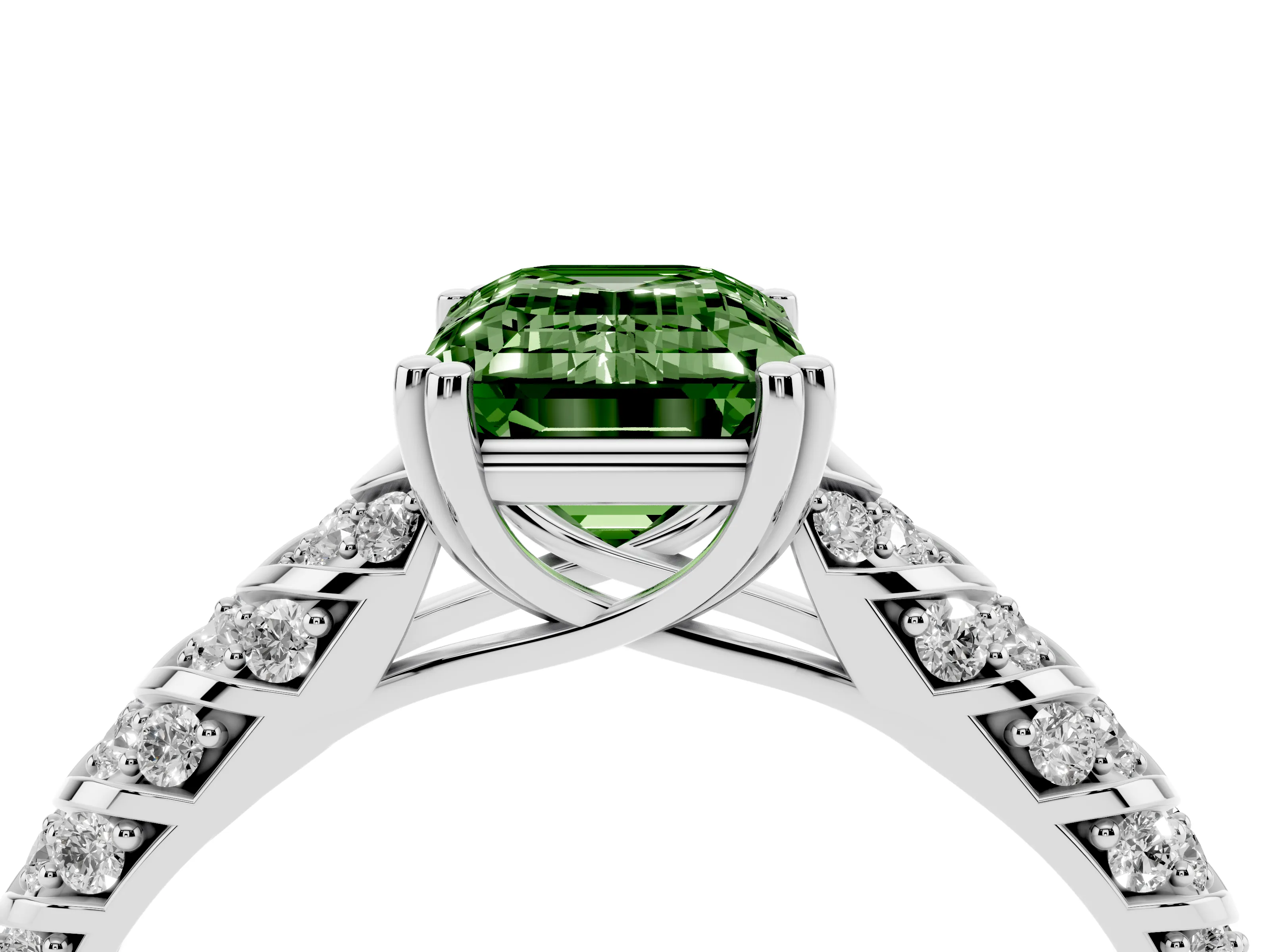 Fancy Green Emerald Cut Diamond Solitaire Chevron Pavé Engagement Ring Set in Silver with Prong Setting