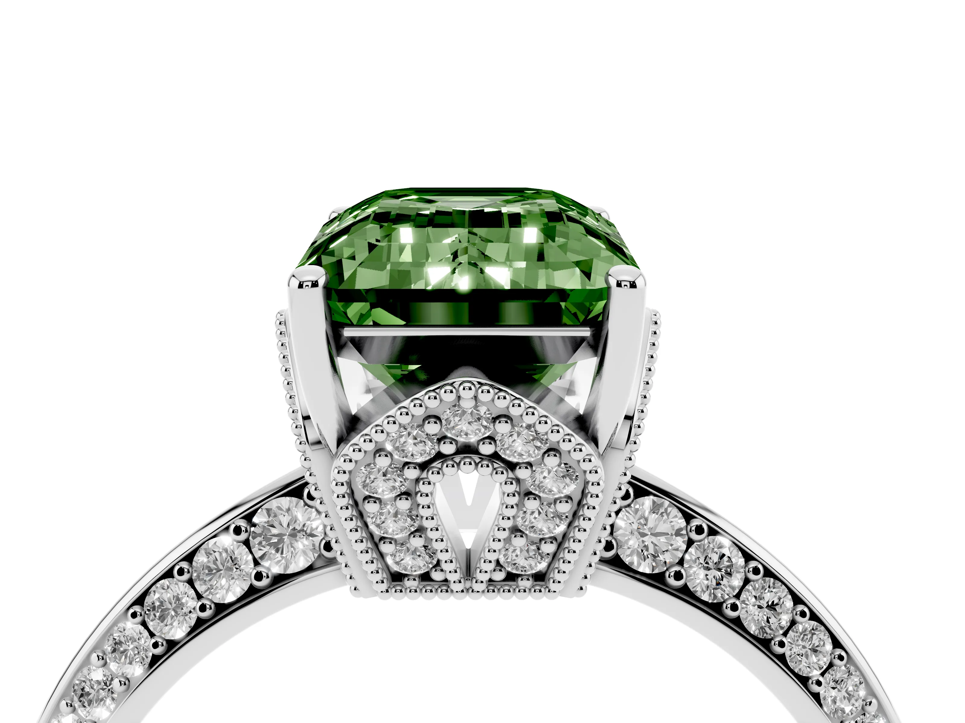 Fancy Green Emerald Cut Diamond Solitaire Engagement Ring Set in Platinum with Pavé Split Shank and Prong Setting