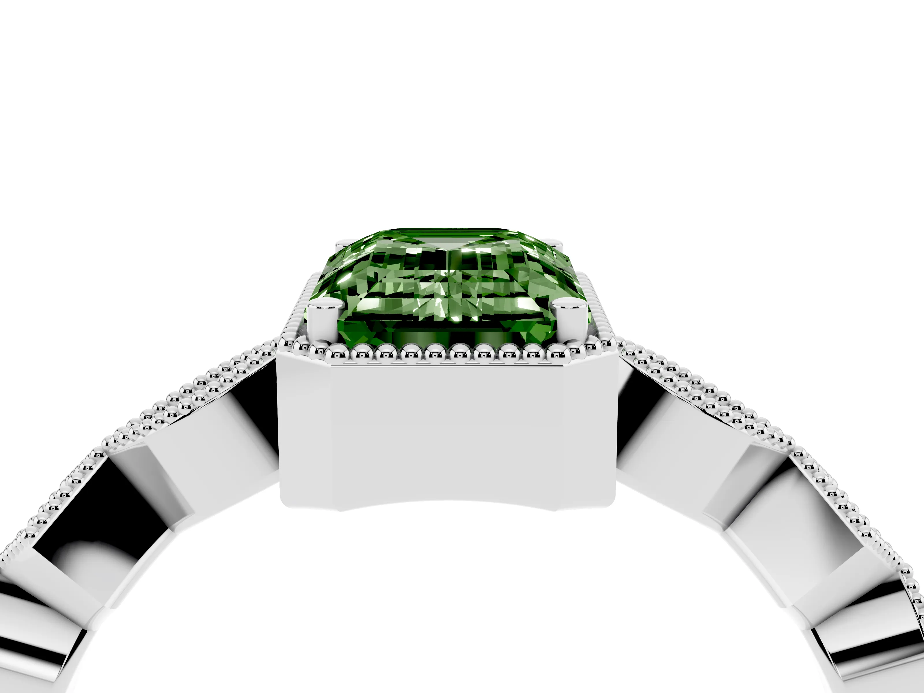 Fancy Green Emerald Cut Diamond Milgrain Marquise Twist Band Ring Set in White gold with Prong Setting
