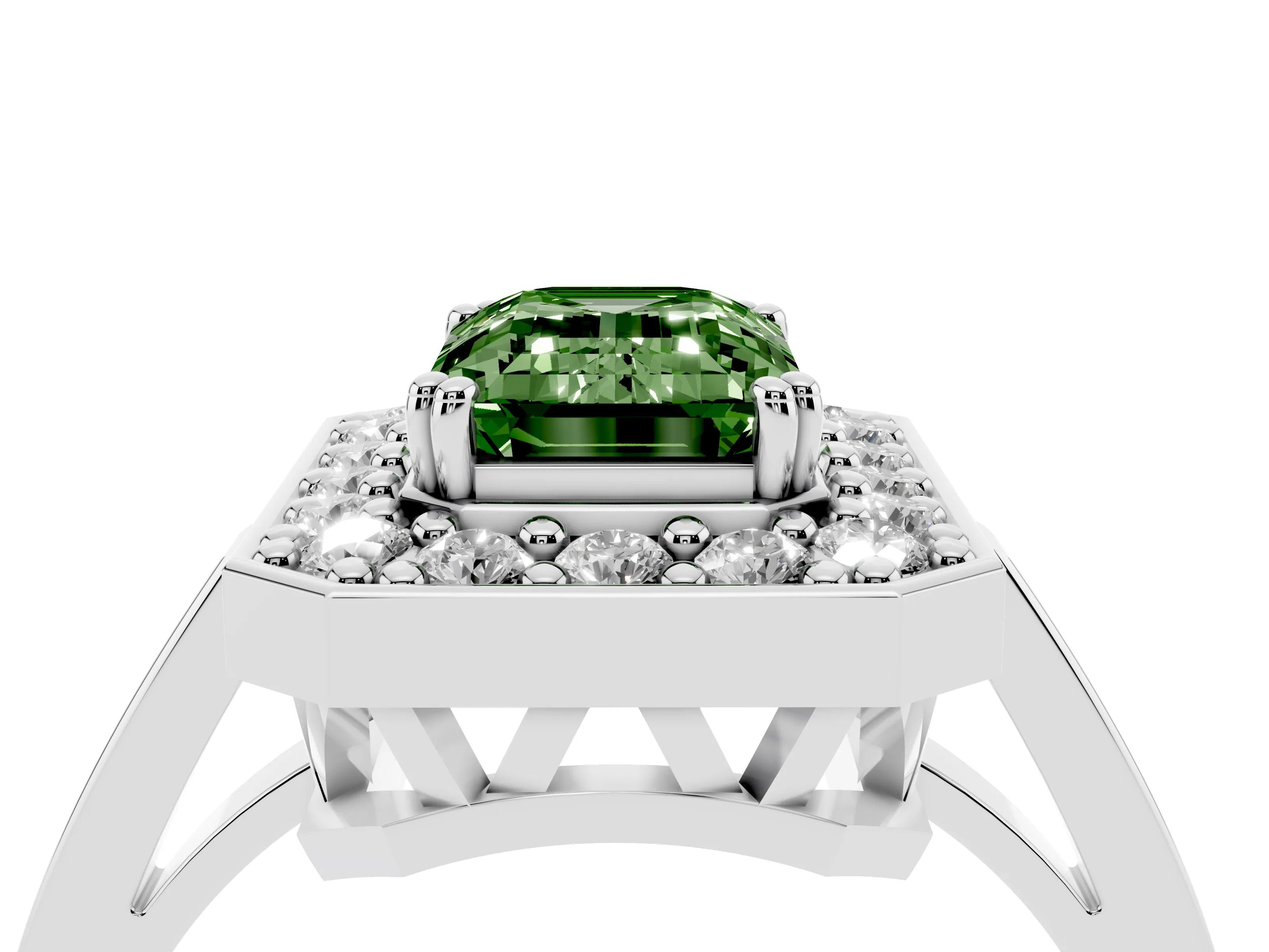 Fancy Green Emerald Cut Diamond Halo Ring Set in White gold with Accent-Lined Split Shank and Prong Setting