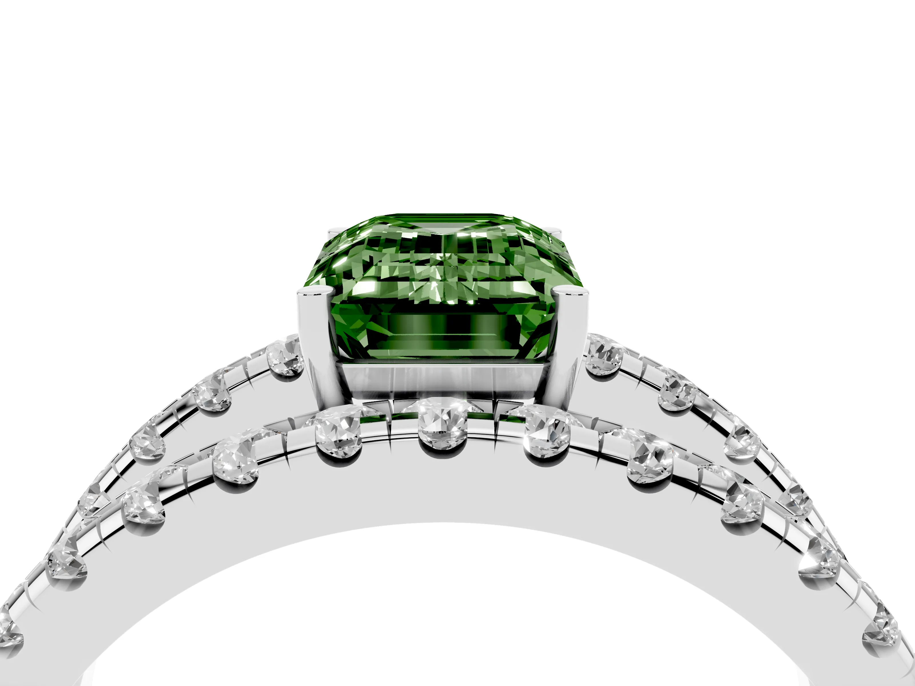Fancy Green Emerald Cut Diamond Split Shank Pavé Solitaire Ring Set in Silver with Open Shank Design