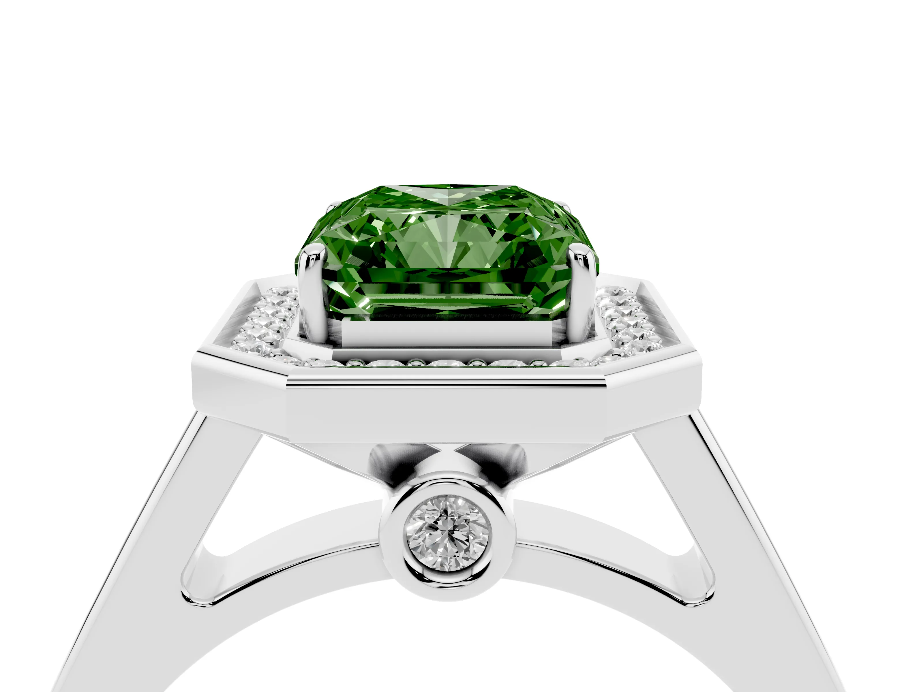 Fancy Green Emerald Cut Diamond Halo Solitaire Ring Set in Platinum with Pavé Band and Bezel Setting