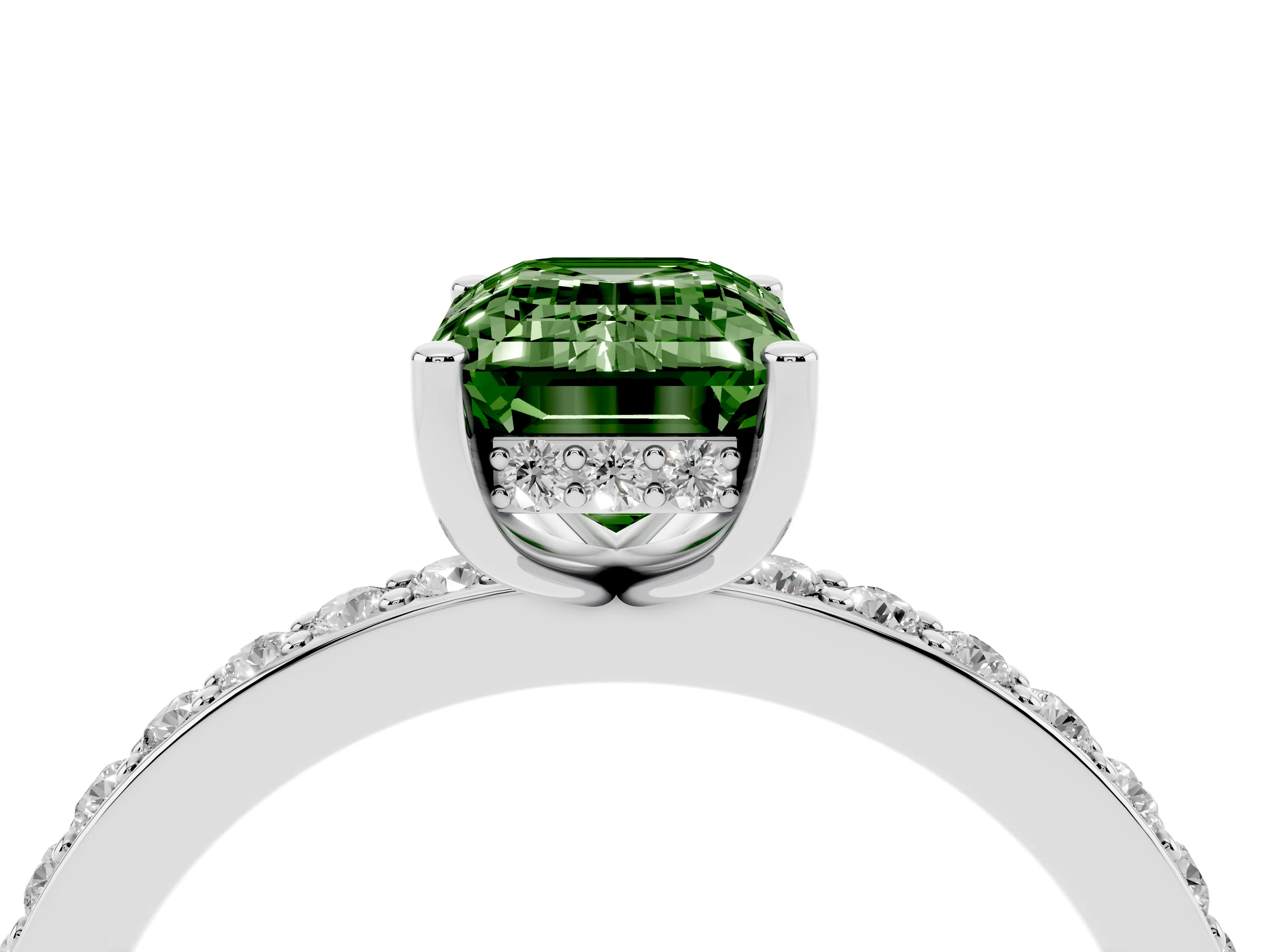 Fancy Green Emerald Cut Diamond Pavé Band Ring Set in Silver with Prong-Set Center Stone