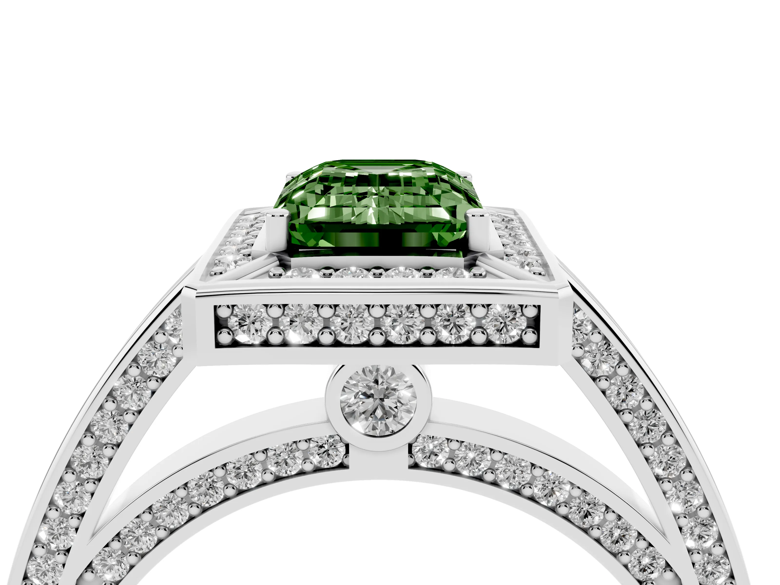 Fancy Green Emerald Cut Diamond Halo Pavé Split Shank Ring Set in Silver with Prong Setting